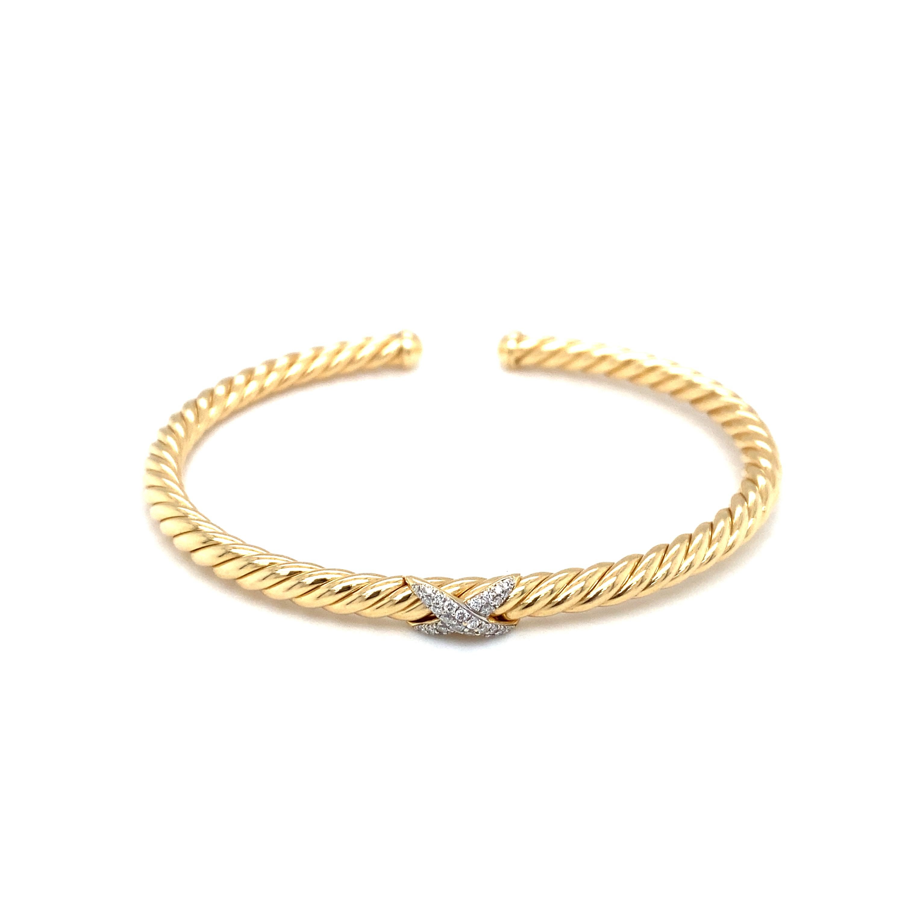 Round Cut David Yurman X Cablespira Diamond Cuff Bracelet in 18 Karat Yellow Gold