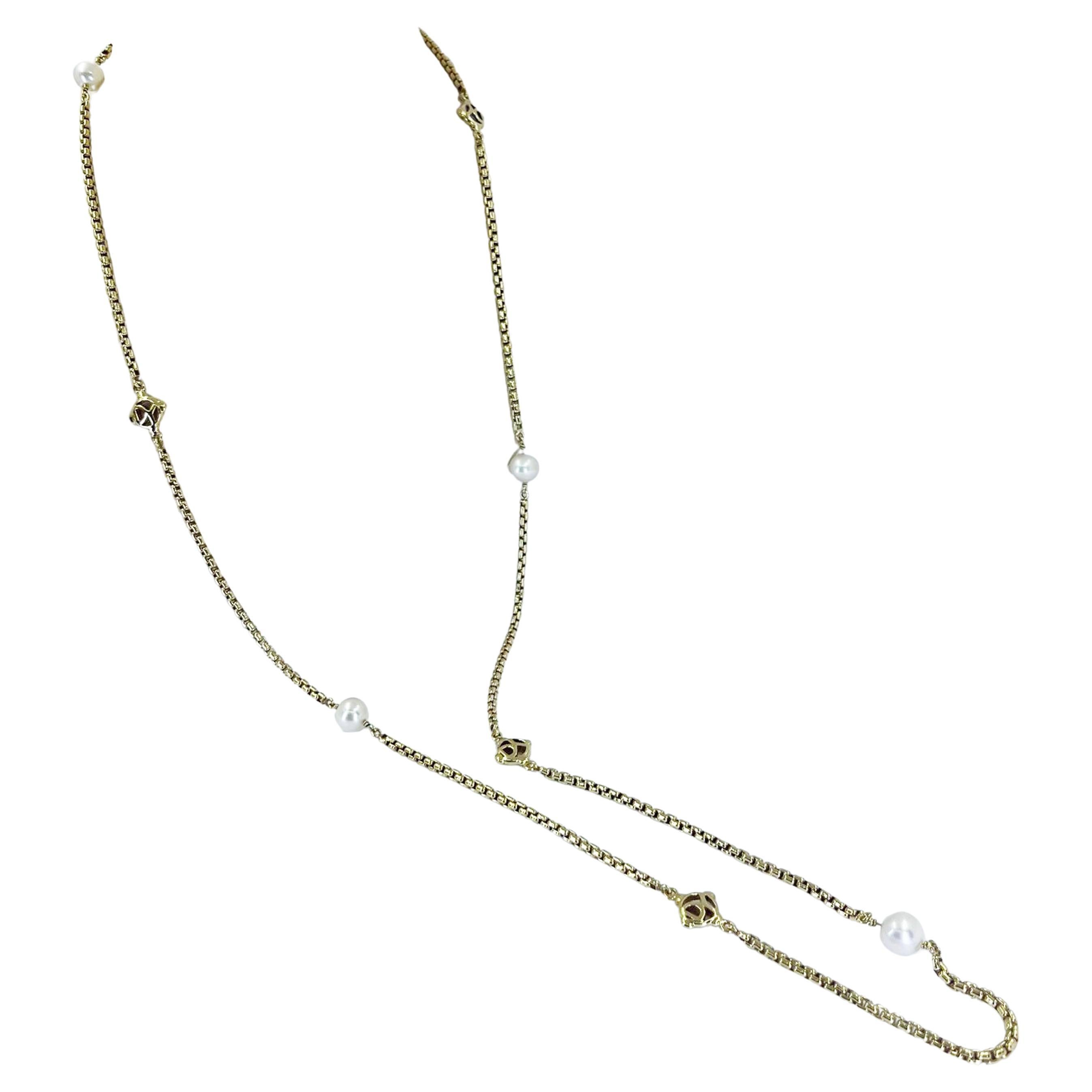 David Yurman Yellow Gold and Pearl Station Long Necklace