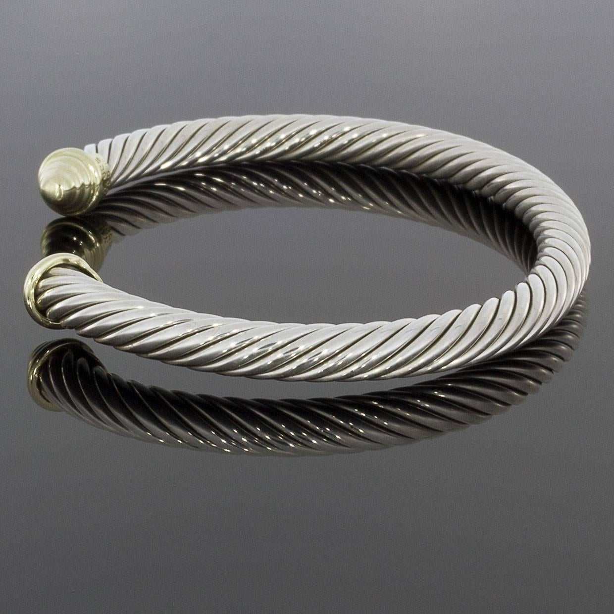 David Yurman Yellow Gold and Sterling Silver Cable Classic Cuff In Excellent Condition In Columbia, MO