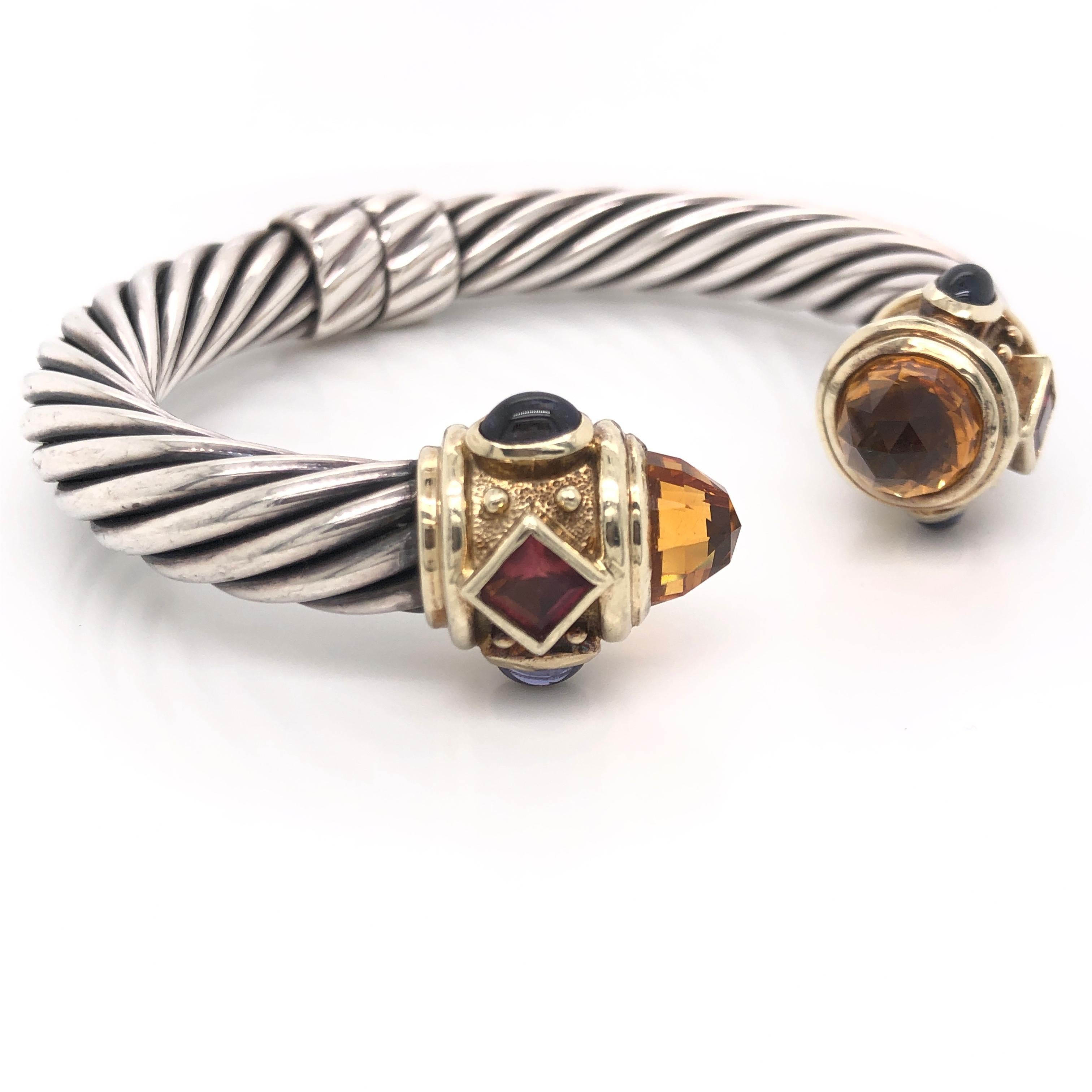 David Yurman Yellow Gold and Sterling Silver Cable Bracelet with Citrine, Amethyst, and Pink Tourmaline.

Stamped: © D YURMAN, 925, 585