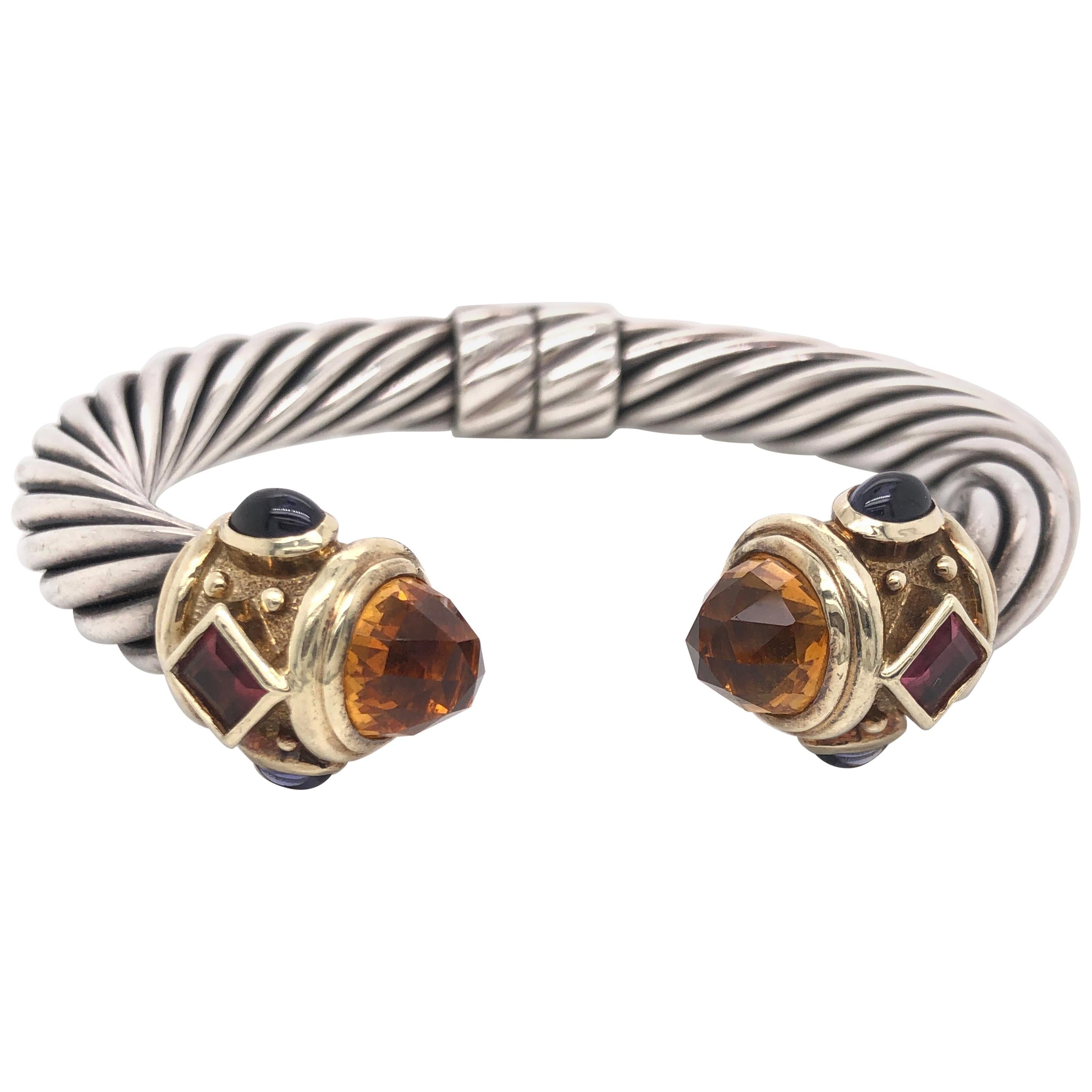David Yurman Yellow Gold and Sterling Silver Multicolored Stone Cable Bracelet