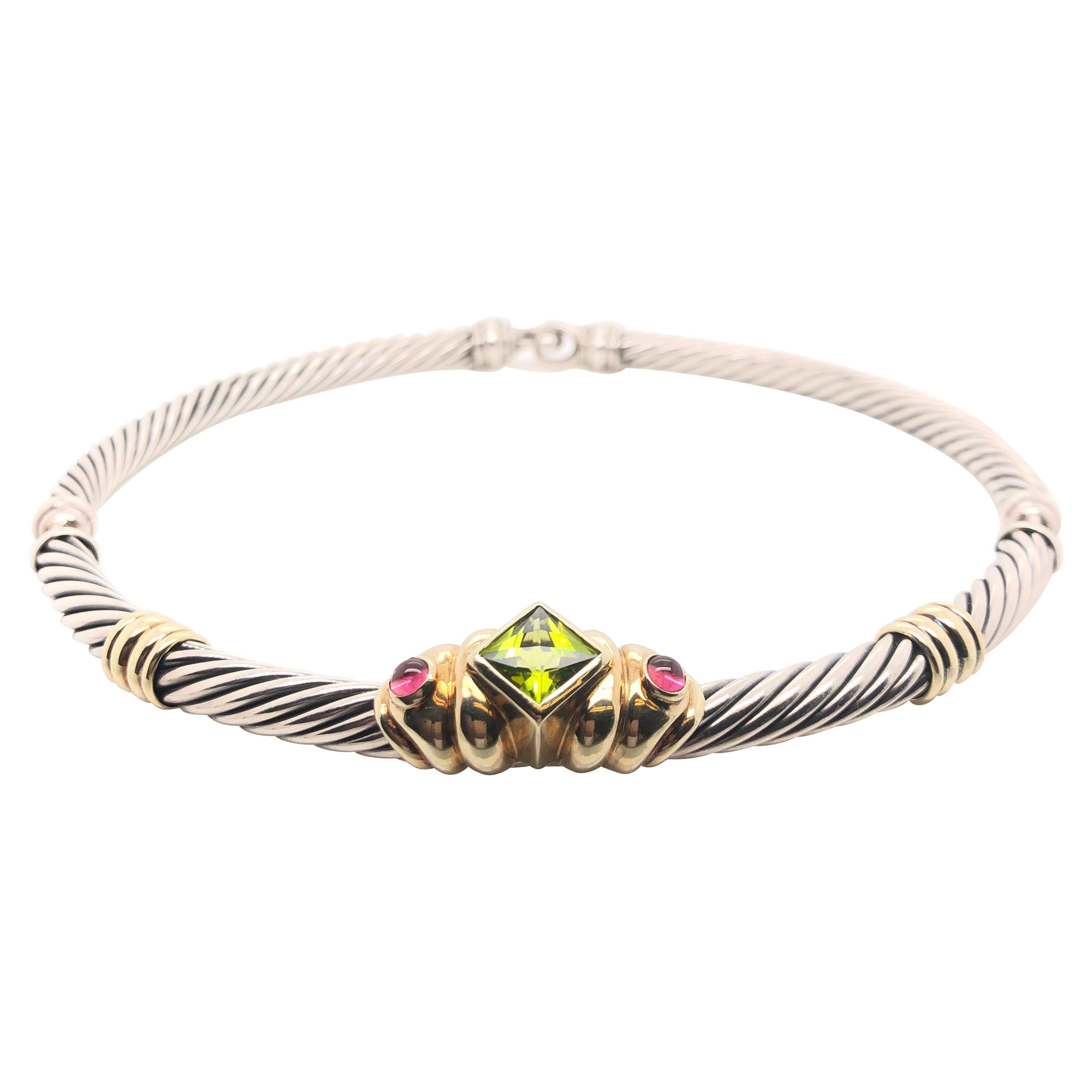David Yurman Yellow Gold and Sterling Silver Multicolored Stone Cable Necklace