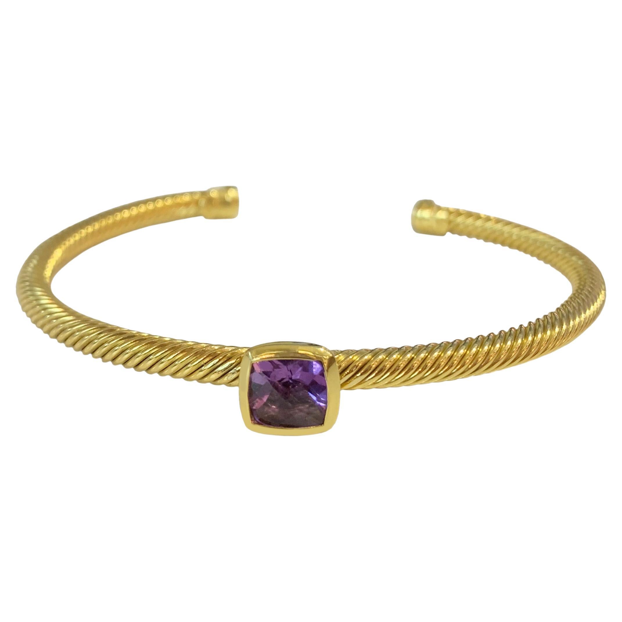 David Yurman Yellow Gold Cable Bracelet with Amethyst For Sale