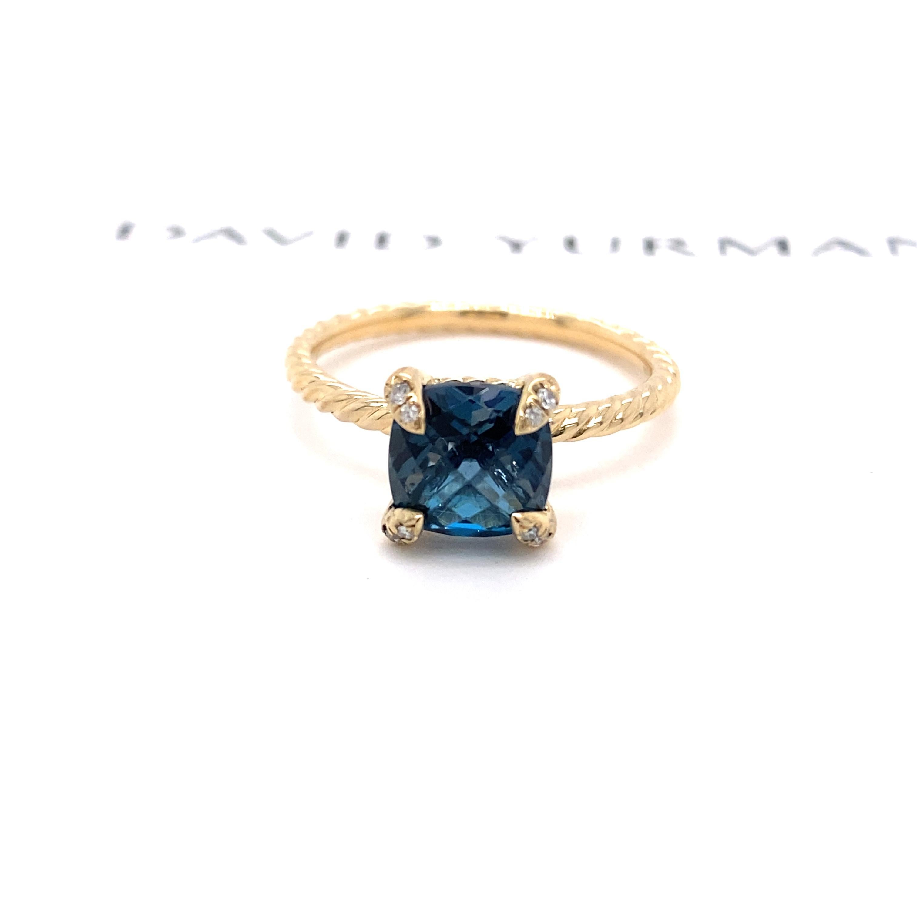 Cushion Cut David Yurman Yellow Gold Chatelaine Hampton Blue Topaz and Diamonds 18kt Ring