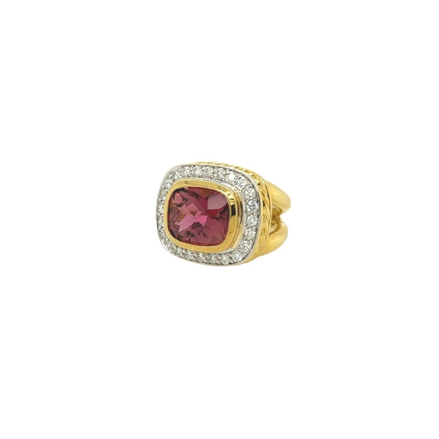 An 18 karat yellow gold, pink tourmaline and diamond ring, David Yurman.  Centering a bezel set rectangular briolette cut pink tourmaline measuring approximately 11.87 x 9.91 mm surrounded by twenty four (24) round brilliant cut diamonds above a