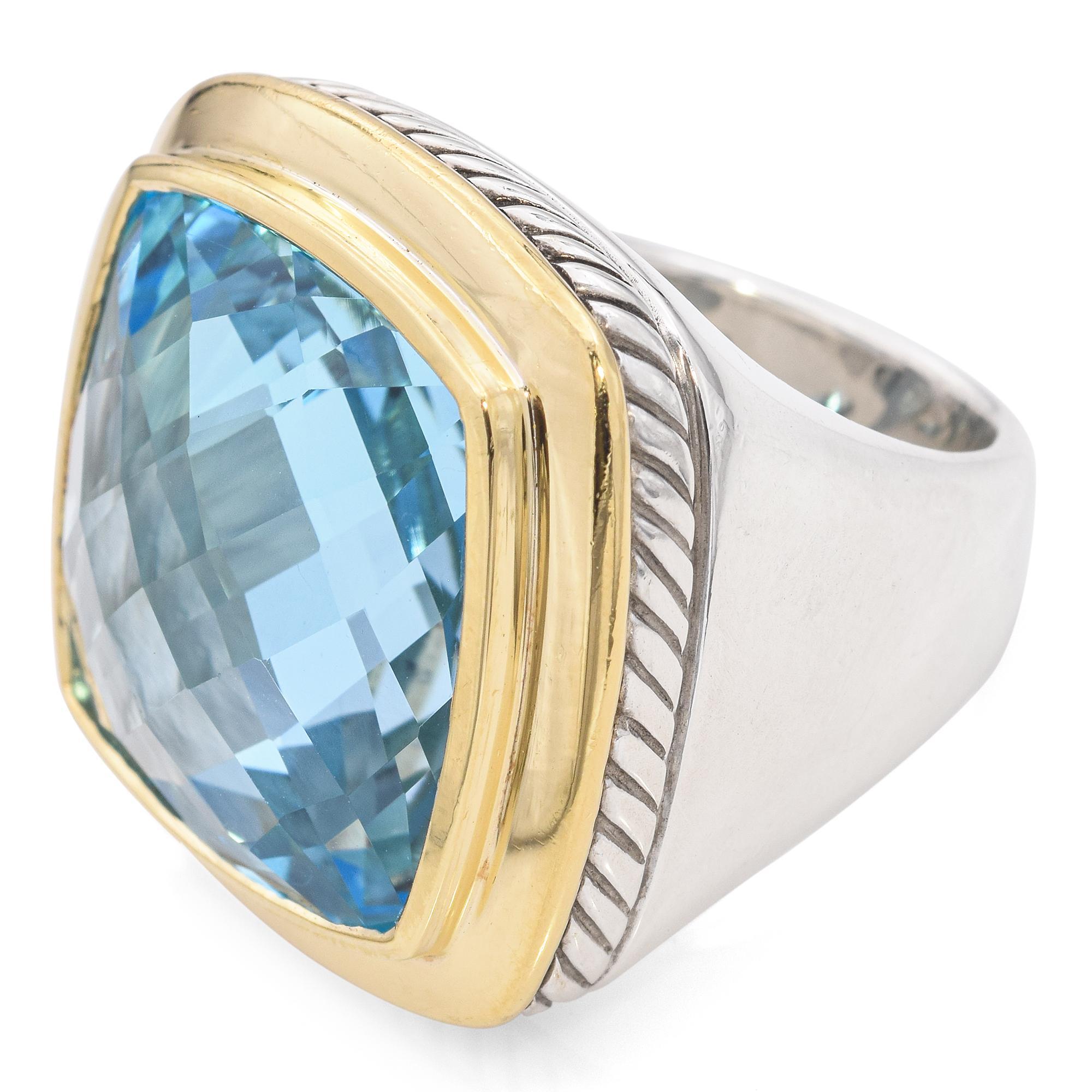 David Yurman Yellow Gold Sterling Silver Albion Blue Topaz Ring In Good Condition In New York, NY