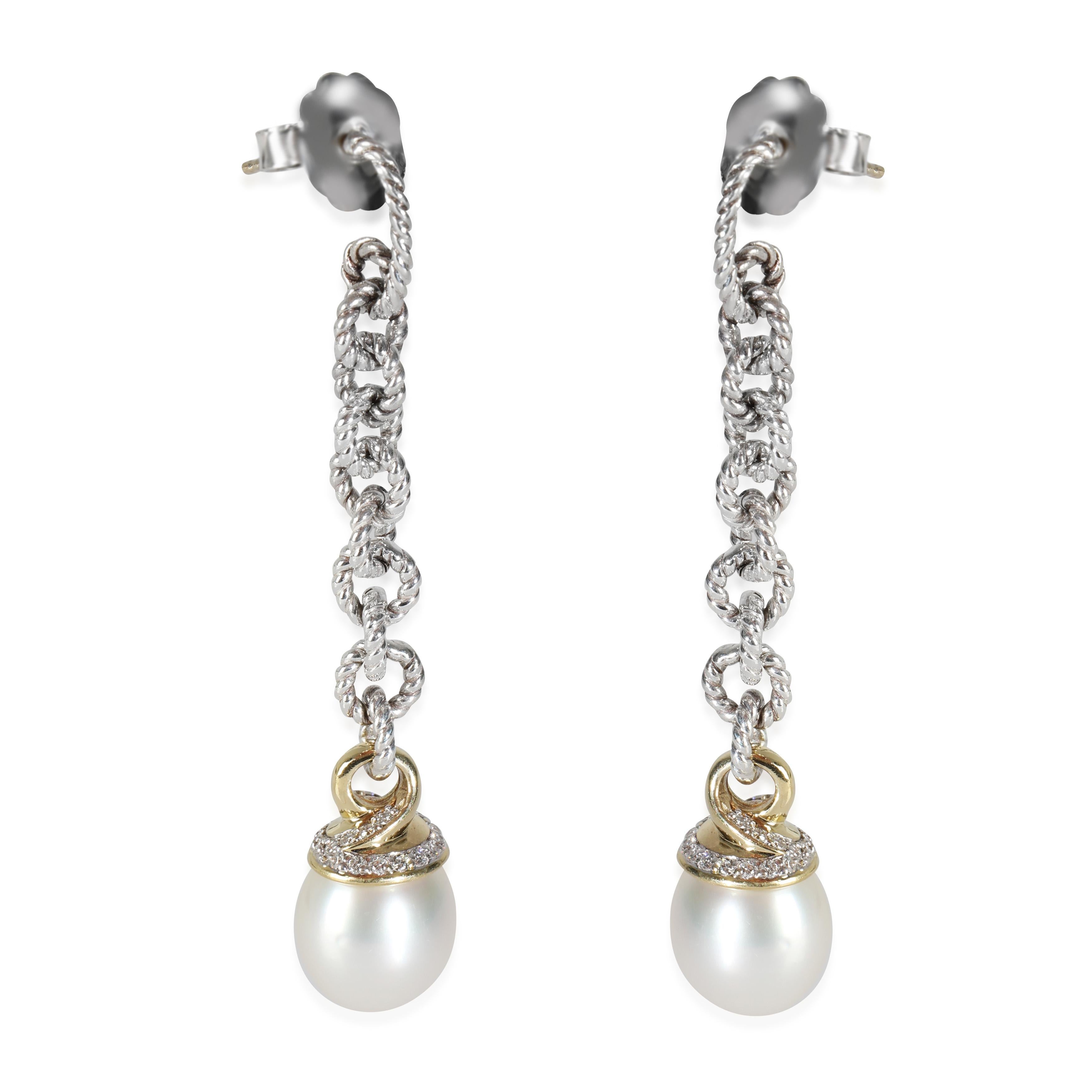 David Yurman Yellow Gold & Sterling Silver Pearl and Diamond Earrings In Good Condition For Sale In New York, NY