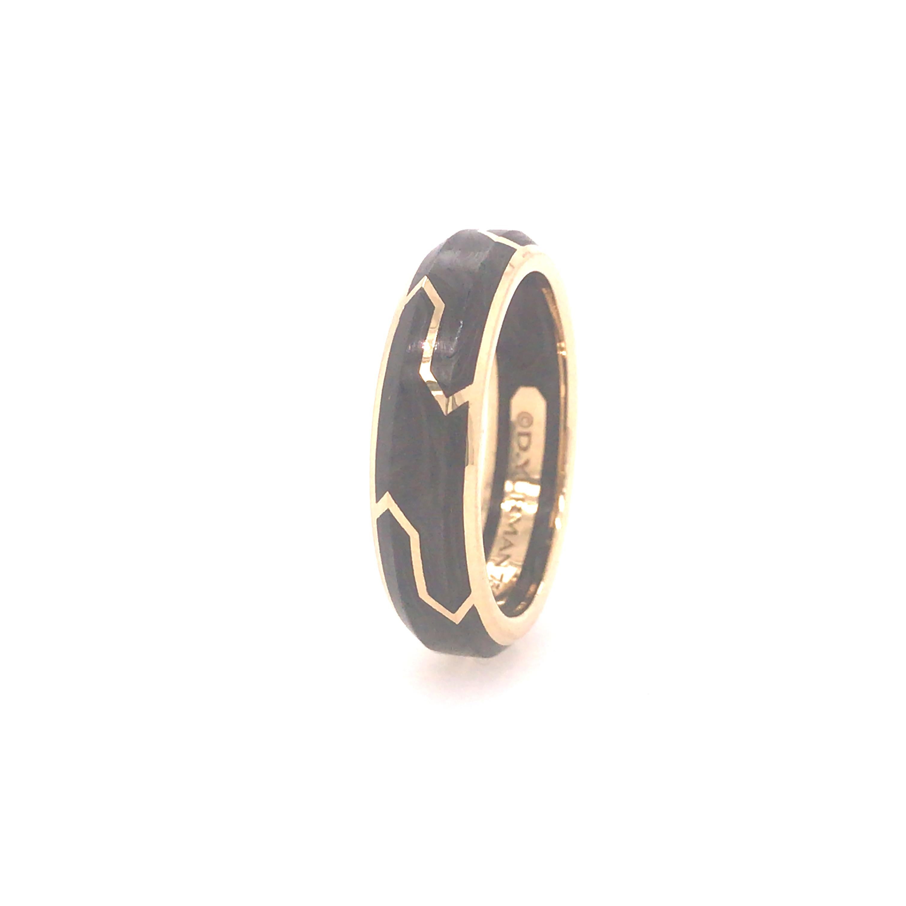 David Yurman’s Forged Carbon Collection  18 Yellow Gold and Forged Carbon Band, 6mm wide.  Ring size 8.5.  5.13 grams. Signed.