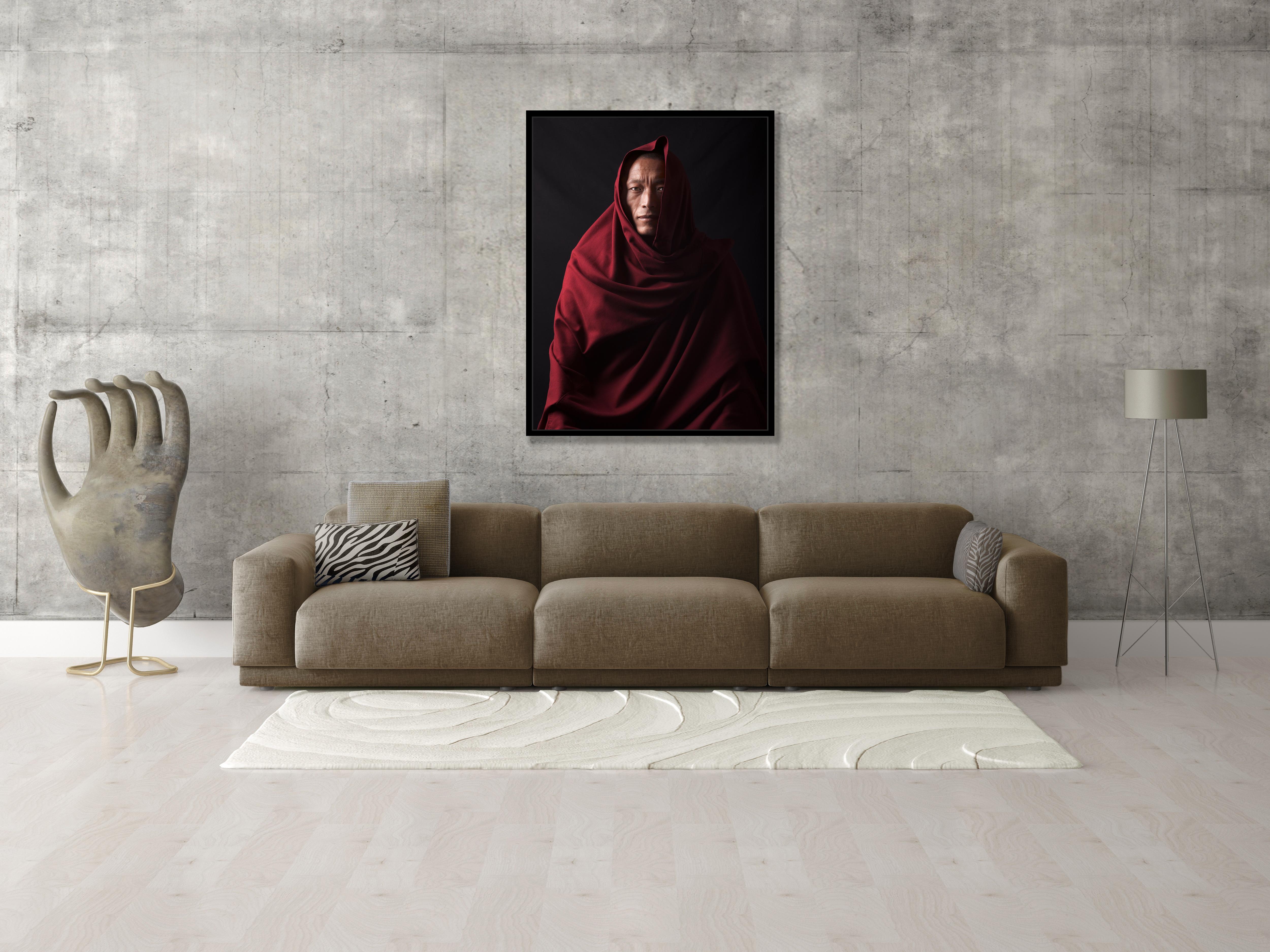 Monk, Portrait, Red, Tibetan, Tenzin Galtsen, Tibet - Photograph by David Zimmerman