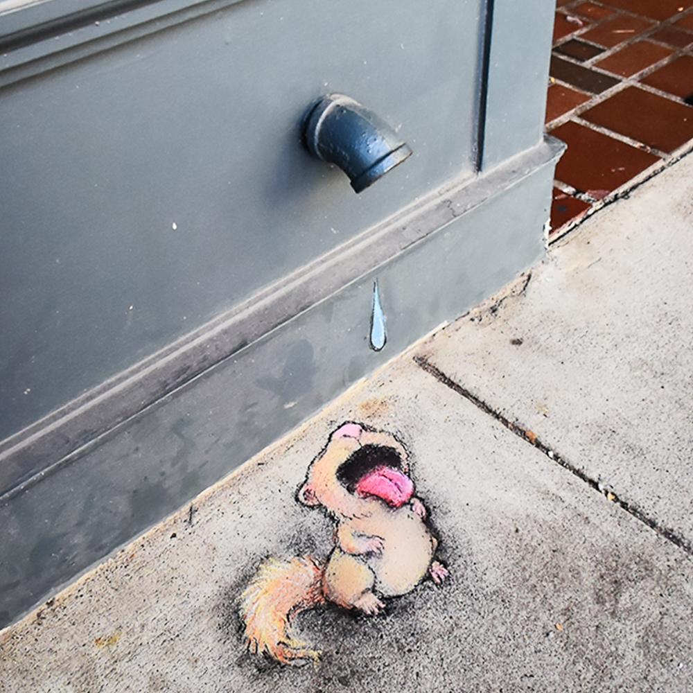 Superbe impression imaginative et intelligente de David Zinn intitulée Drip Drinking Squirrel (Écureuil buvant des gouttes).
Cette estampe présente l'œuvre de rue créée par l'artiste en utilisant l'environnement existant et la craie pour créer