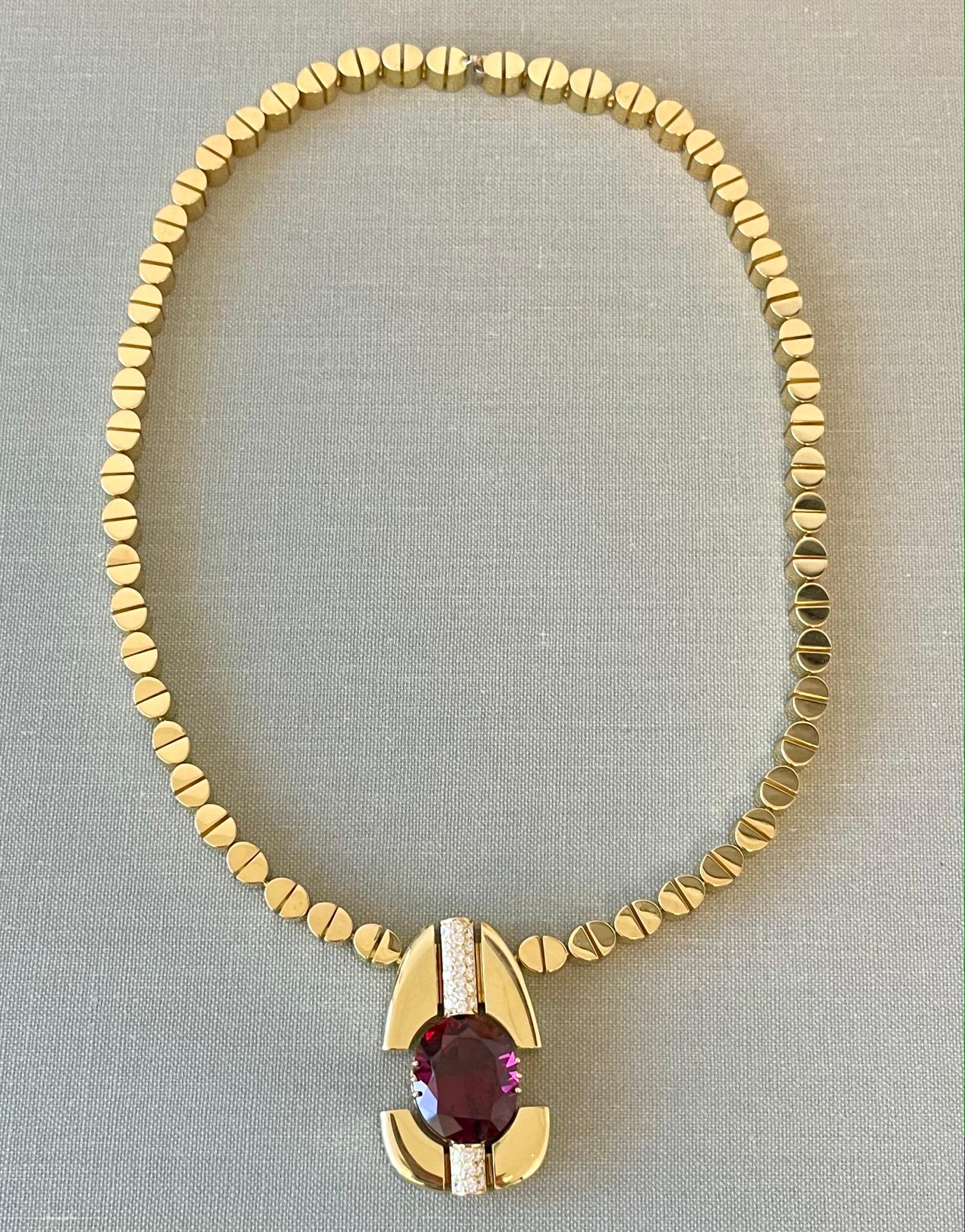 David Zoltan 18 Karat Yellow Gold Oval Rhodolite Garnet and Diamond Necklace For Sale 3