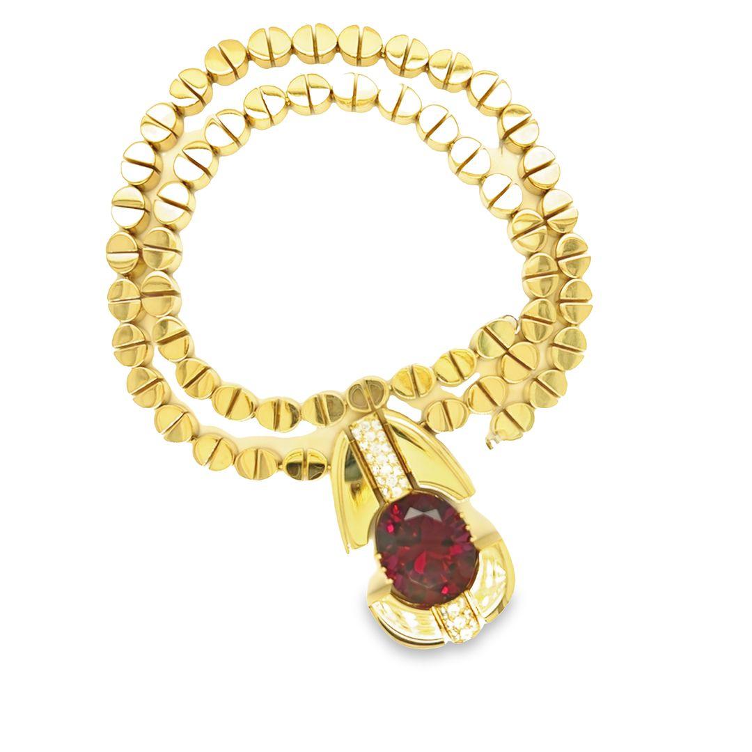 Oval Cut David Zoltan 18 Karat Yellow Gold Oval Rhodolite Garnet and Diamond Necklace For Sale