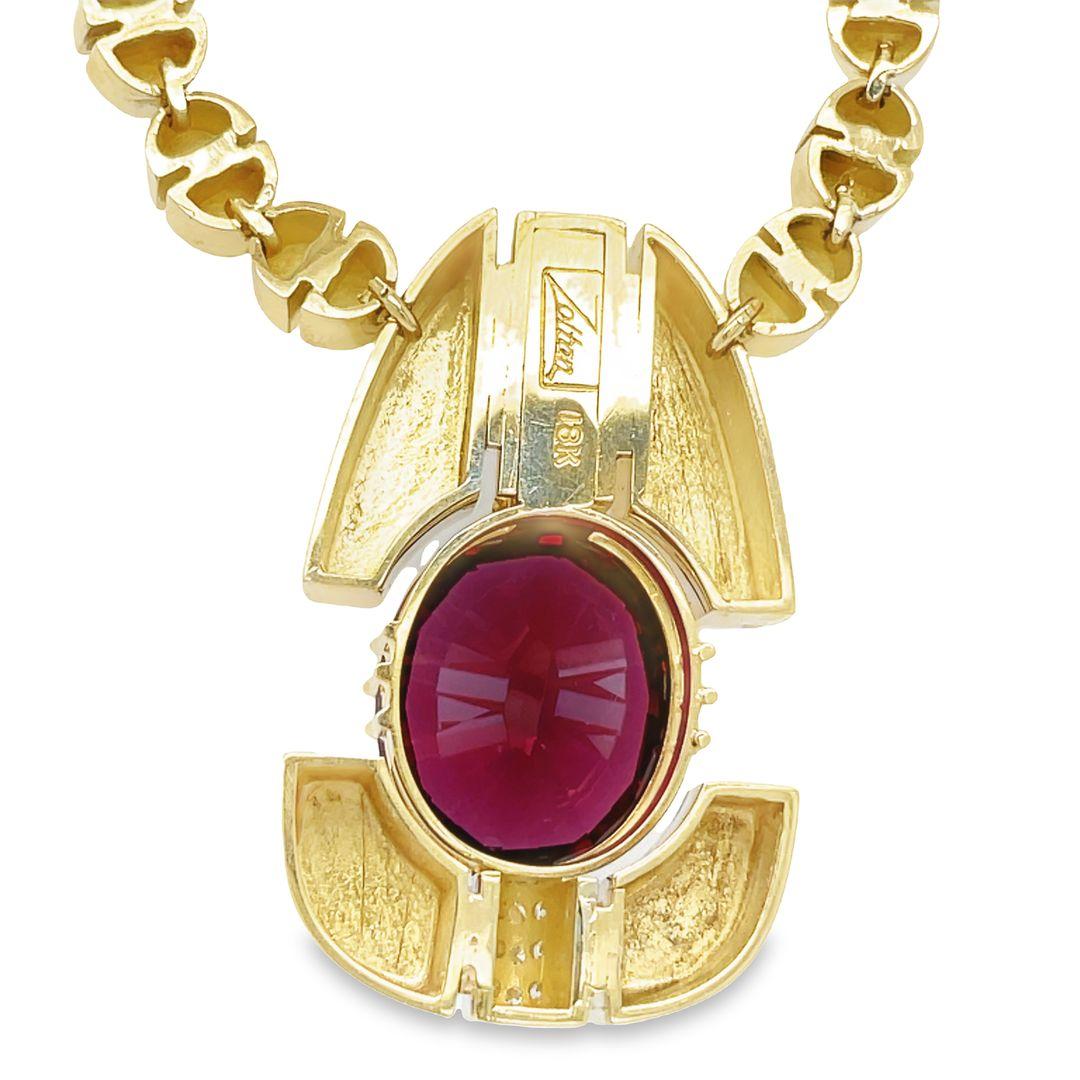 David Zoltan 18 Karat Yellow Gold Oval Rhodolite Garnet and Diamond Necklace In Excellent Condition For Sale In beverly hills, CA