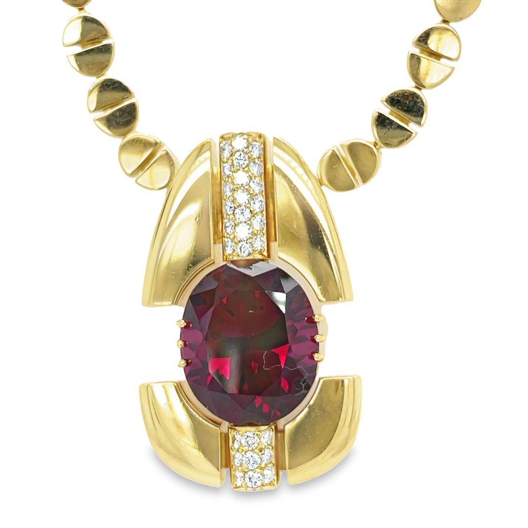 Women's David Zoltan 18 Karat Yellow Gold Oval Rhodolite Garnet and Diamond Necklace For Sale