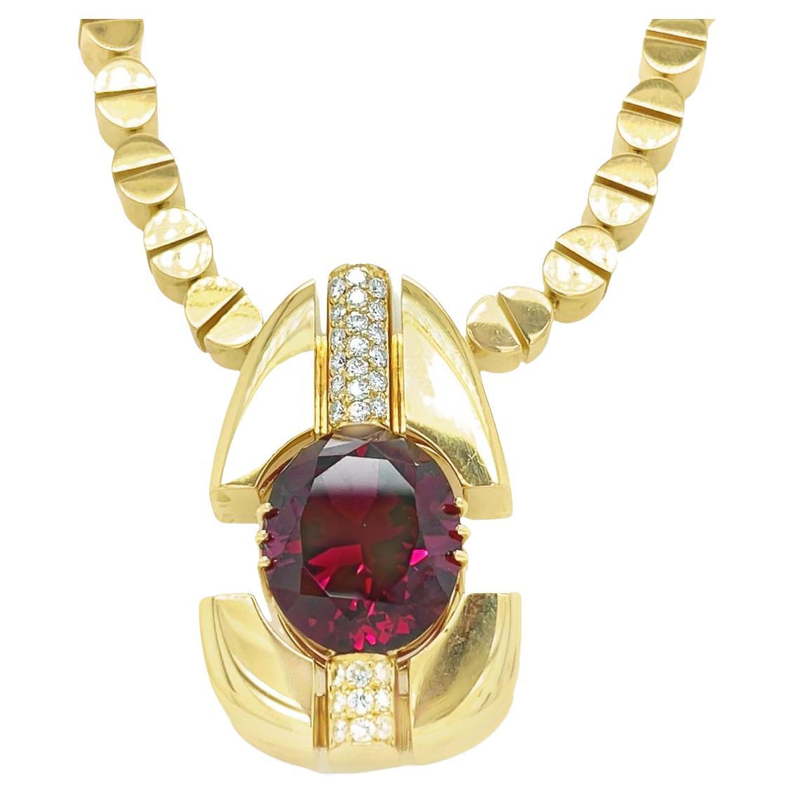 David Zoltan 18 Karat Yellow Gold Oval Rhodolite Garnet and Diamond Necklace For Sale