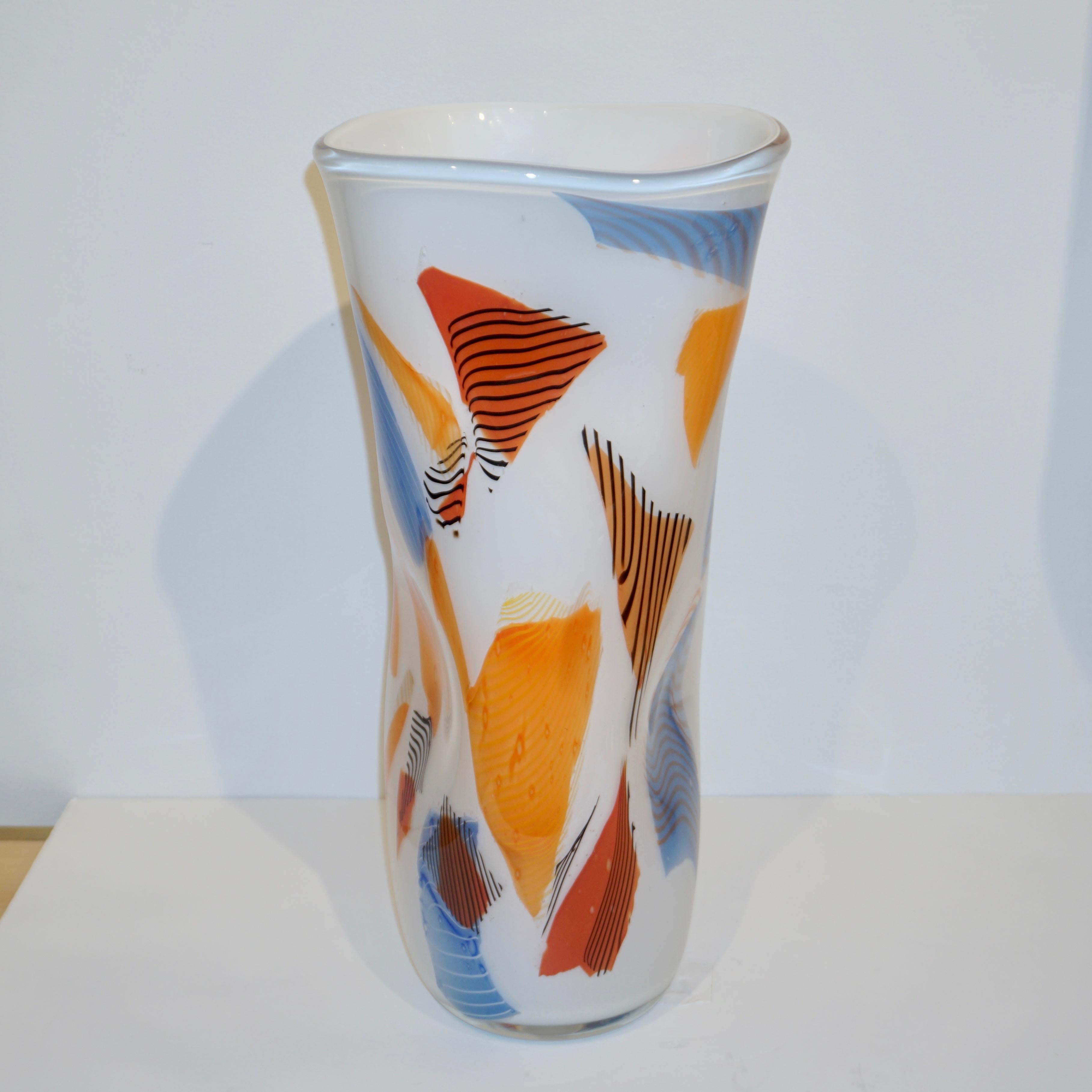 Davide Donà Italian Large Free-Form White Orange Red Blue Murano Art Glass Vase 4