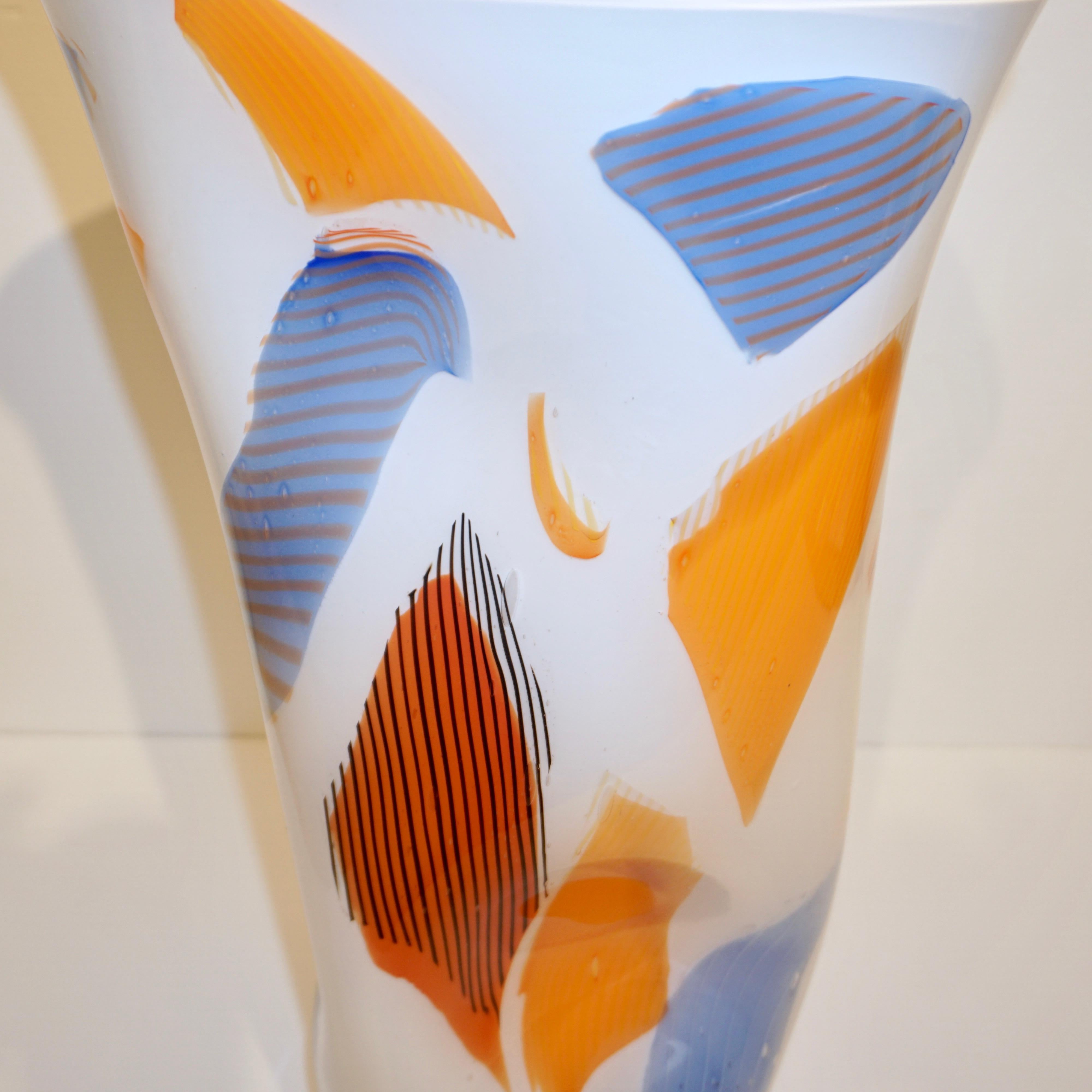 Davide Donà Italian Large Free-Form White Orange Red Blue Murano Art Glass Vase In Excellent Condition In New York, NY