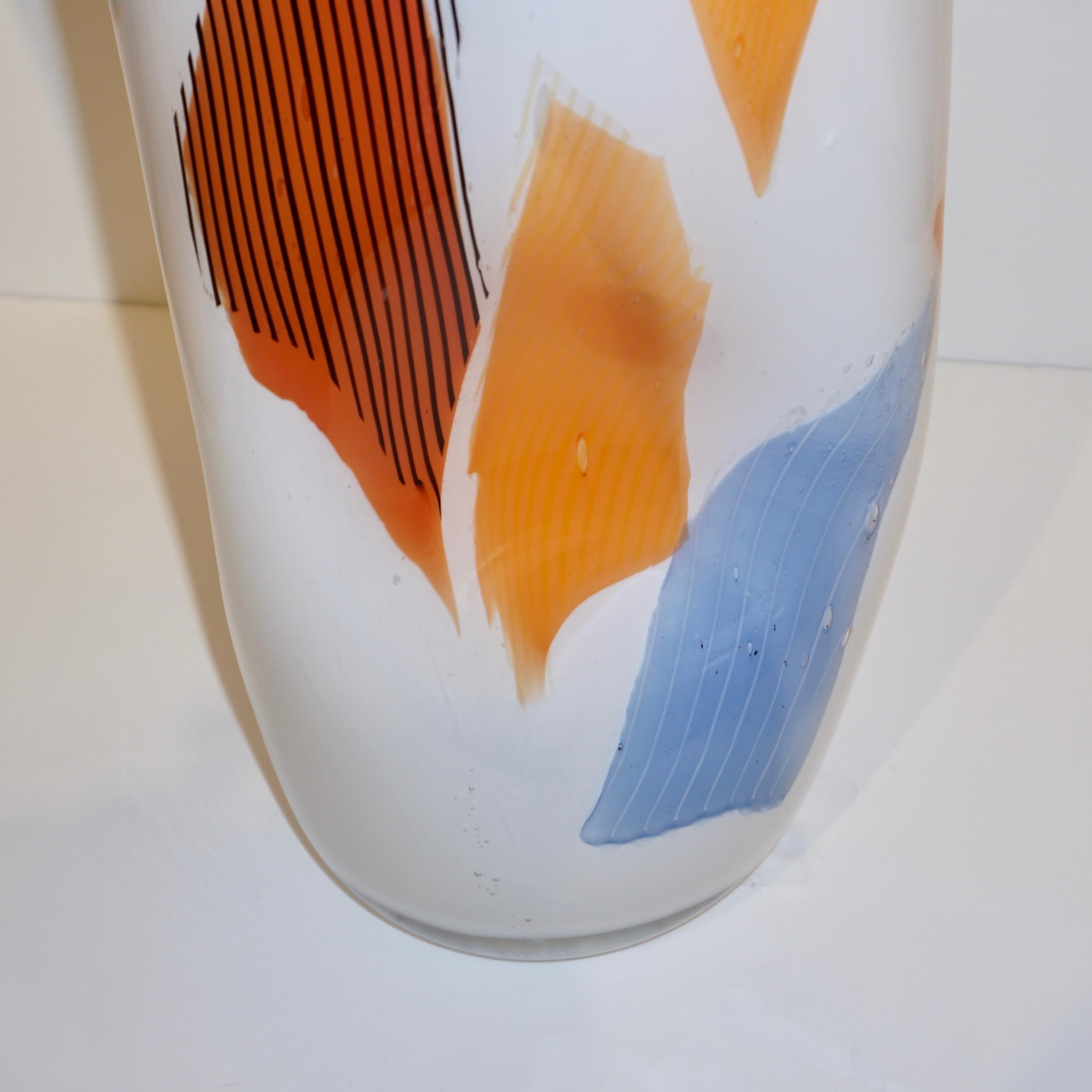 Blown Glass Davide Donà Italian Large Free-Form White Orange Red Blue Murano Art Glass Vase