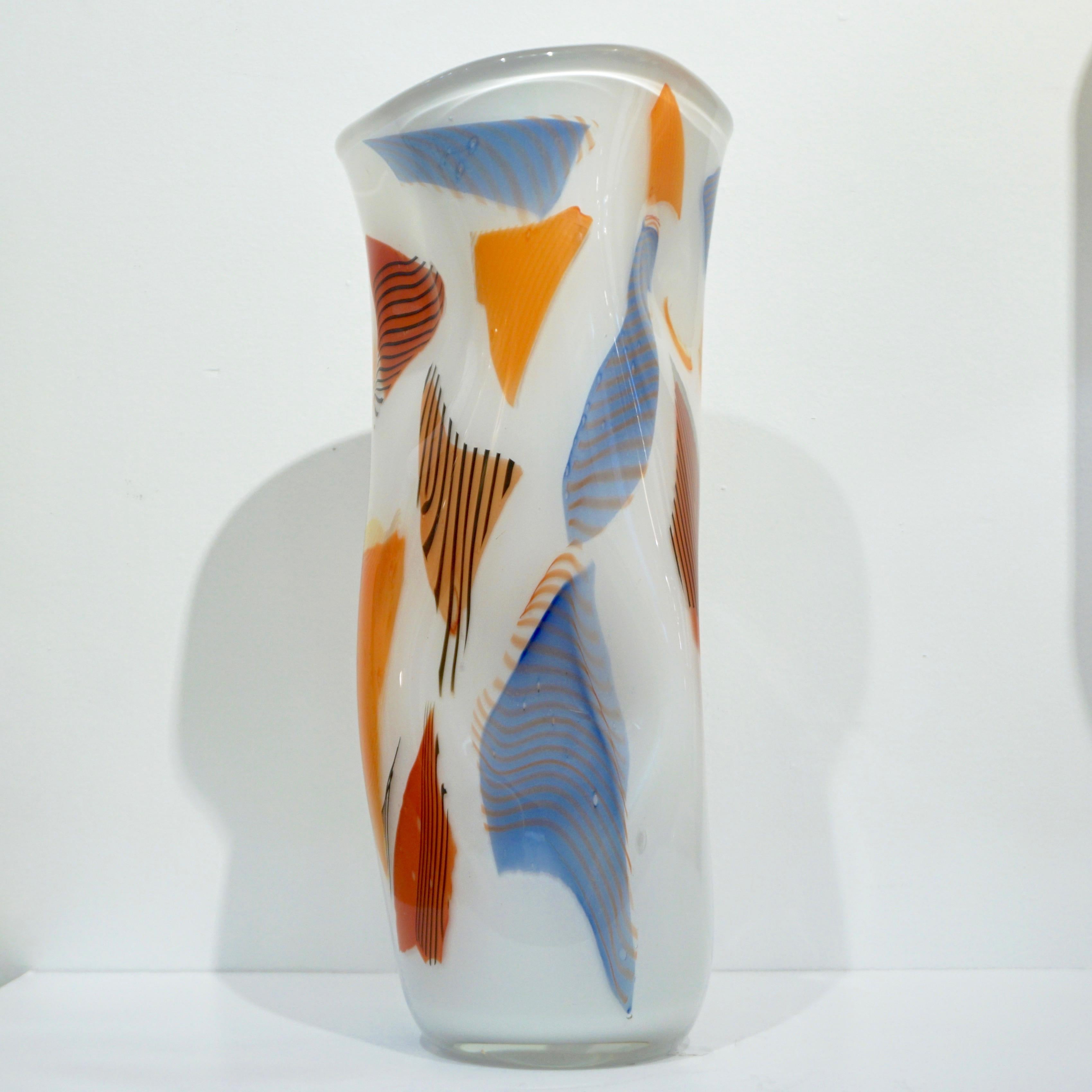 Davide Donà Italian Large Free-Form White Orange Red Blue Murano Art Glass Vase 2