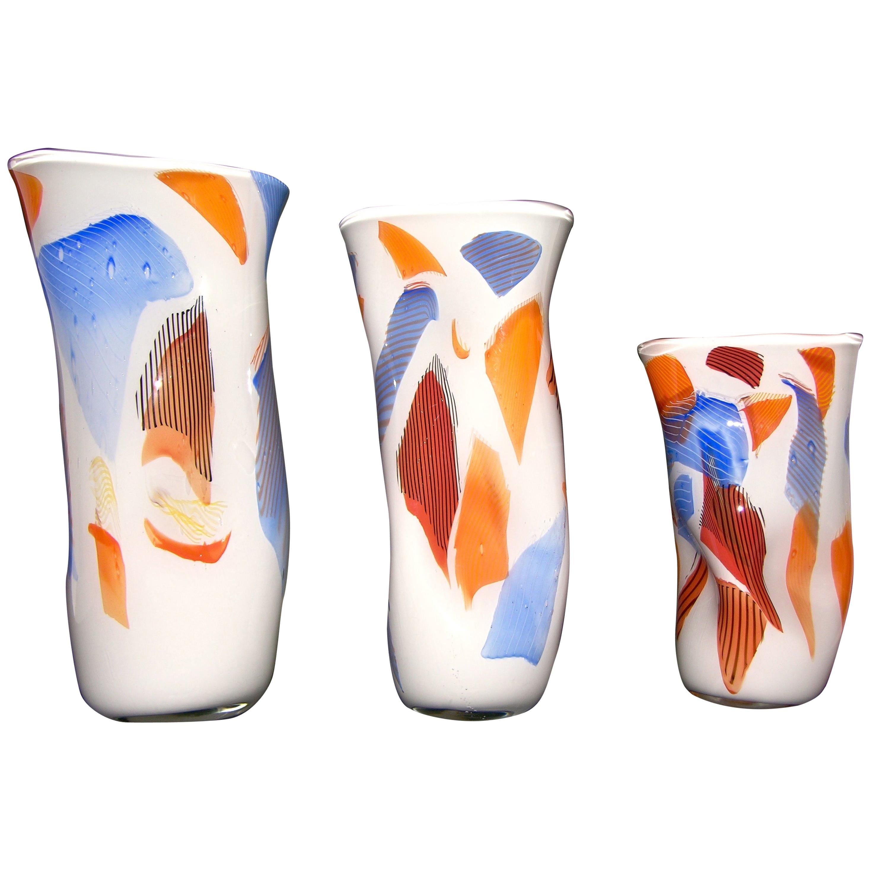 Davide Dona Set of 3 Freeform White Orange Red Blue Murano Art Glass Vases