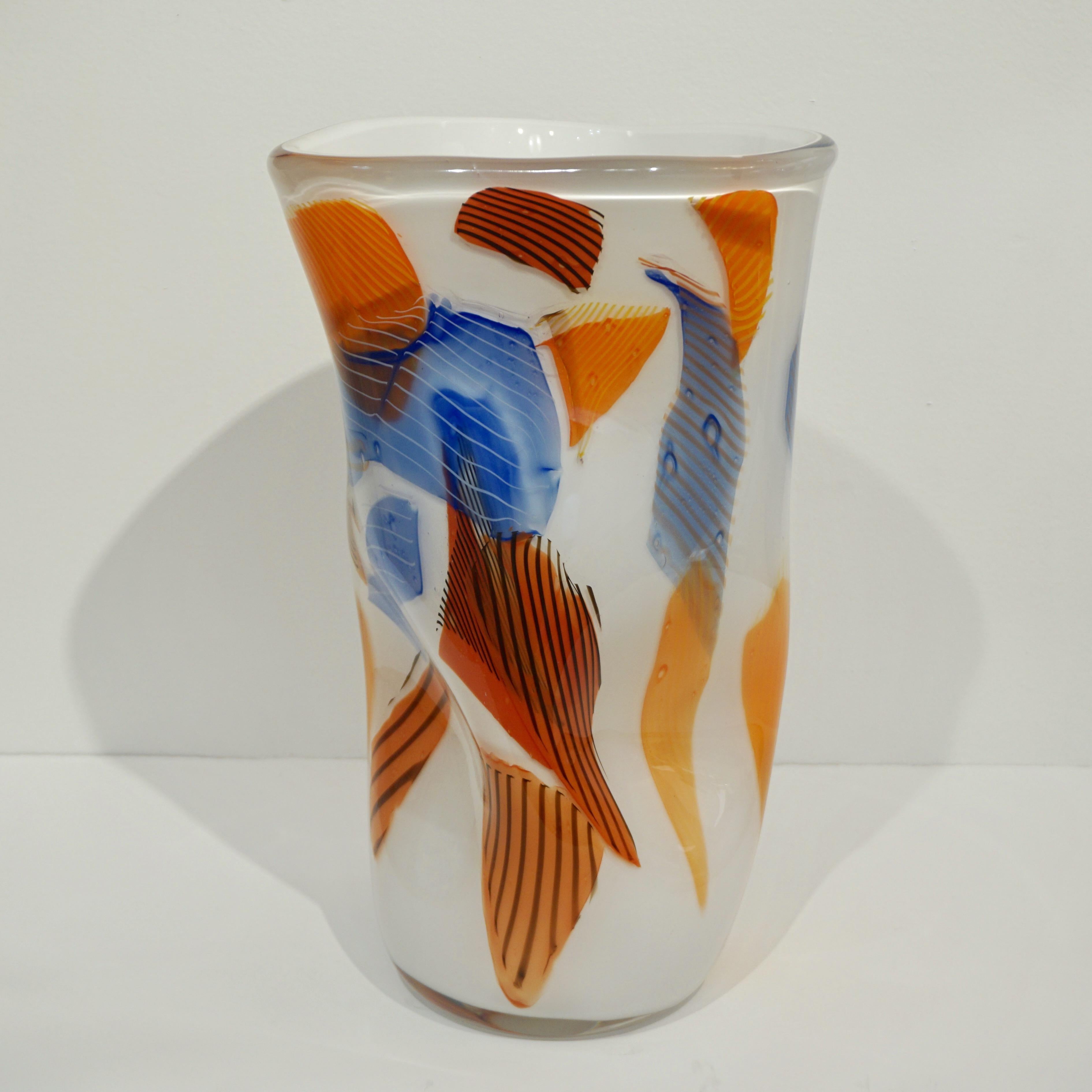 Davide Dona Small Free-Form White Orange Red Blue Murano Art Glass Vase 3