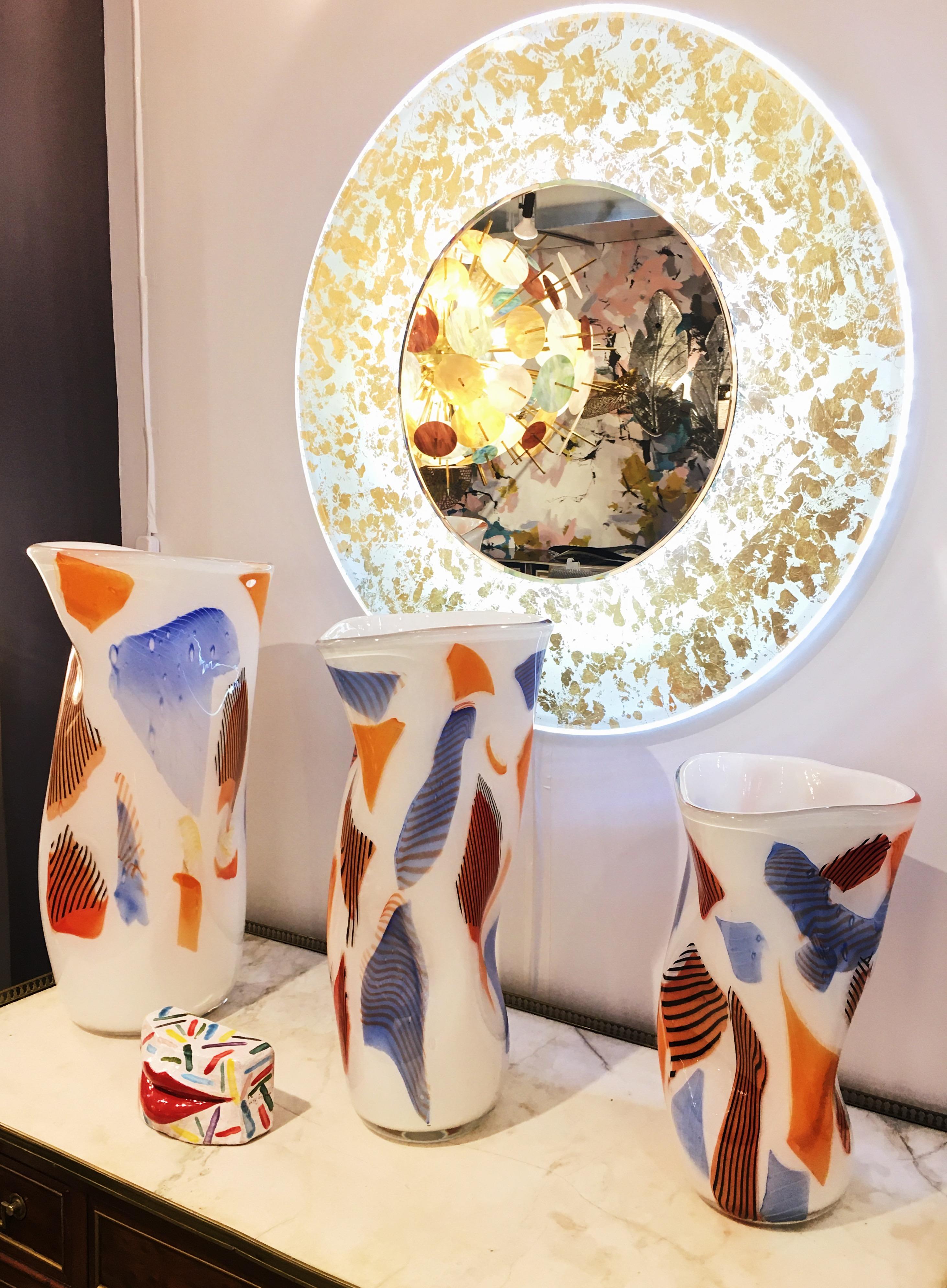 Davide Dona Small Free-Form White Orange Red Blue Murano Art Glass Vase 4