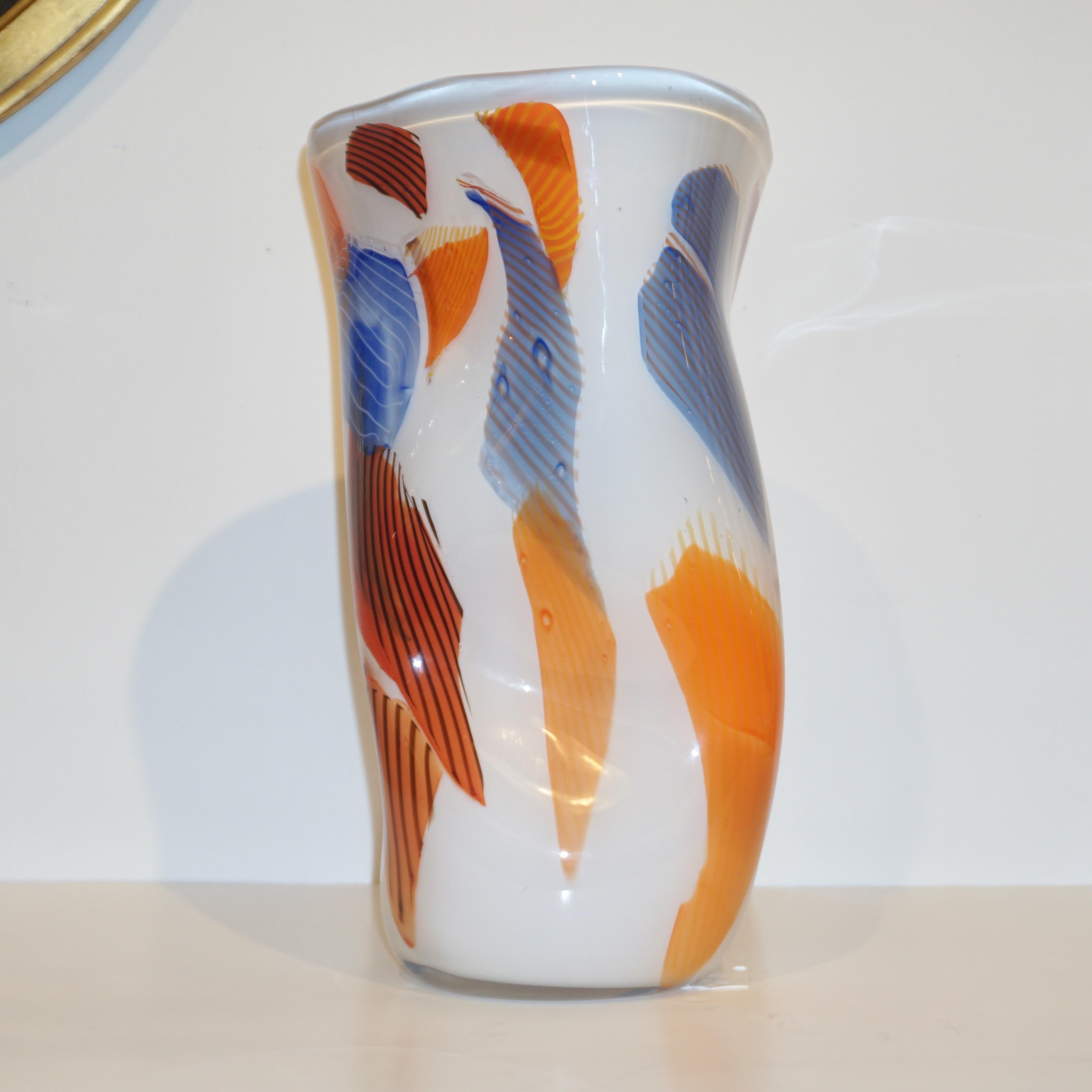 Italian Davide Dona Small Free-Form White Orange Red Blue Murano Art Glass Vase