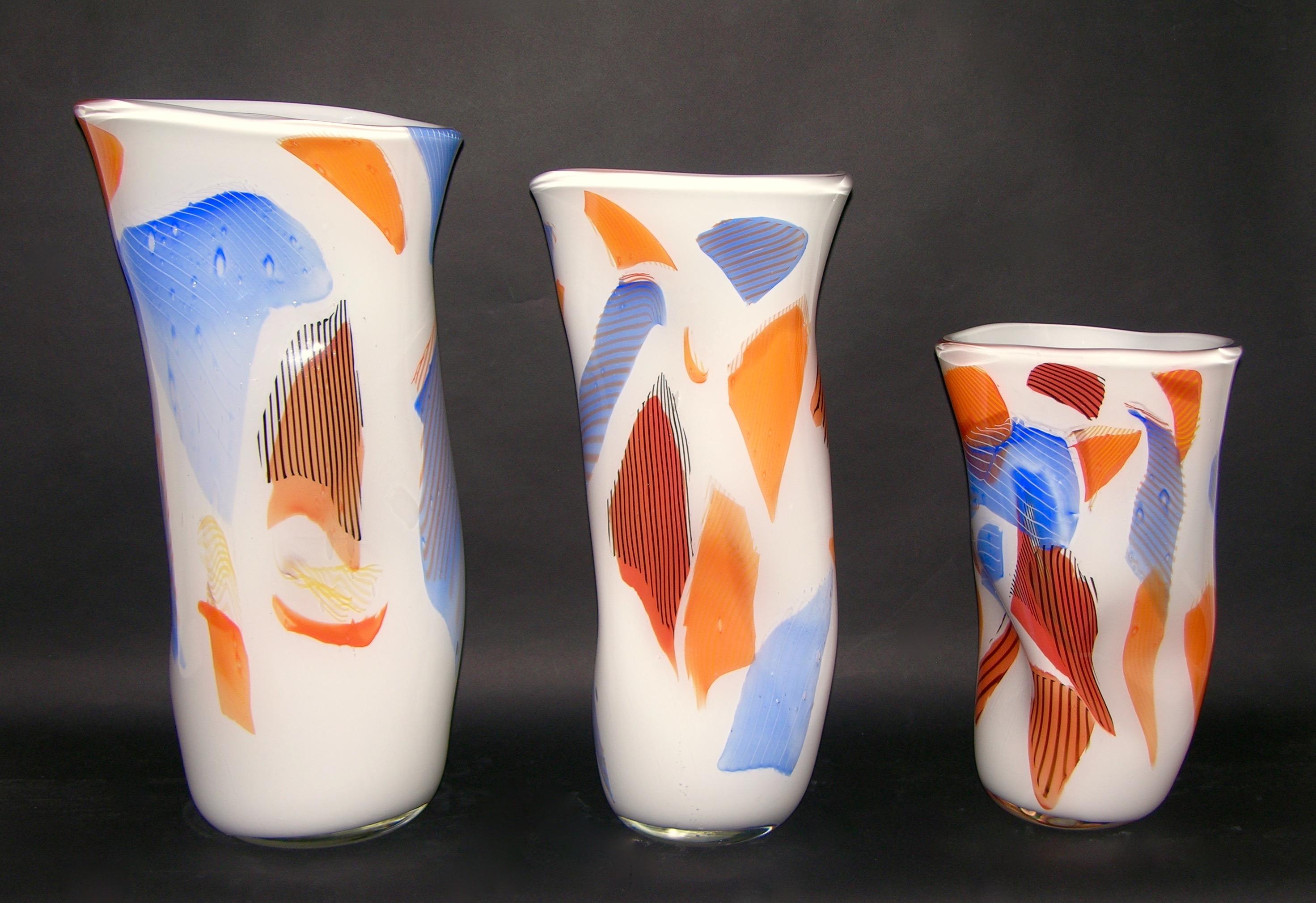 Davide Dona Small Free-Form White Orange Red Blue Murano Art Glass Vase 1