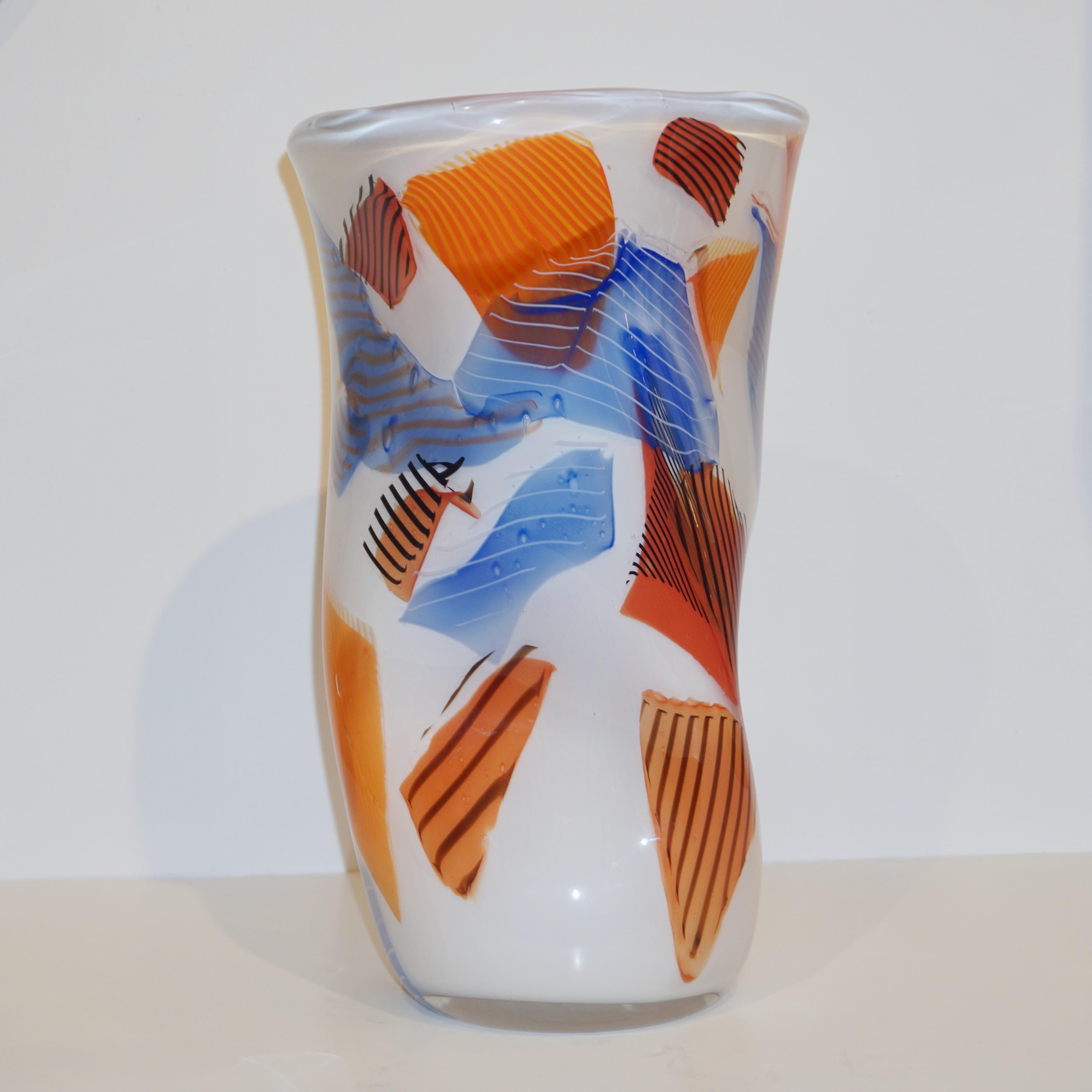 Davide Dona Small Free-Form White Orange Red Blue Murano Art Glass Vase 2