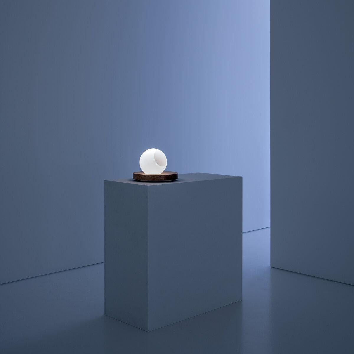The Pigreco Table Lamp offers an abstract, modern aesthetic consisting of two simple geometric forms, the circle and the sphere. The frosted glass globe can be rotated atop the wooden base to aim light in different directions. Dimmer switch located