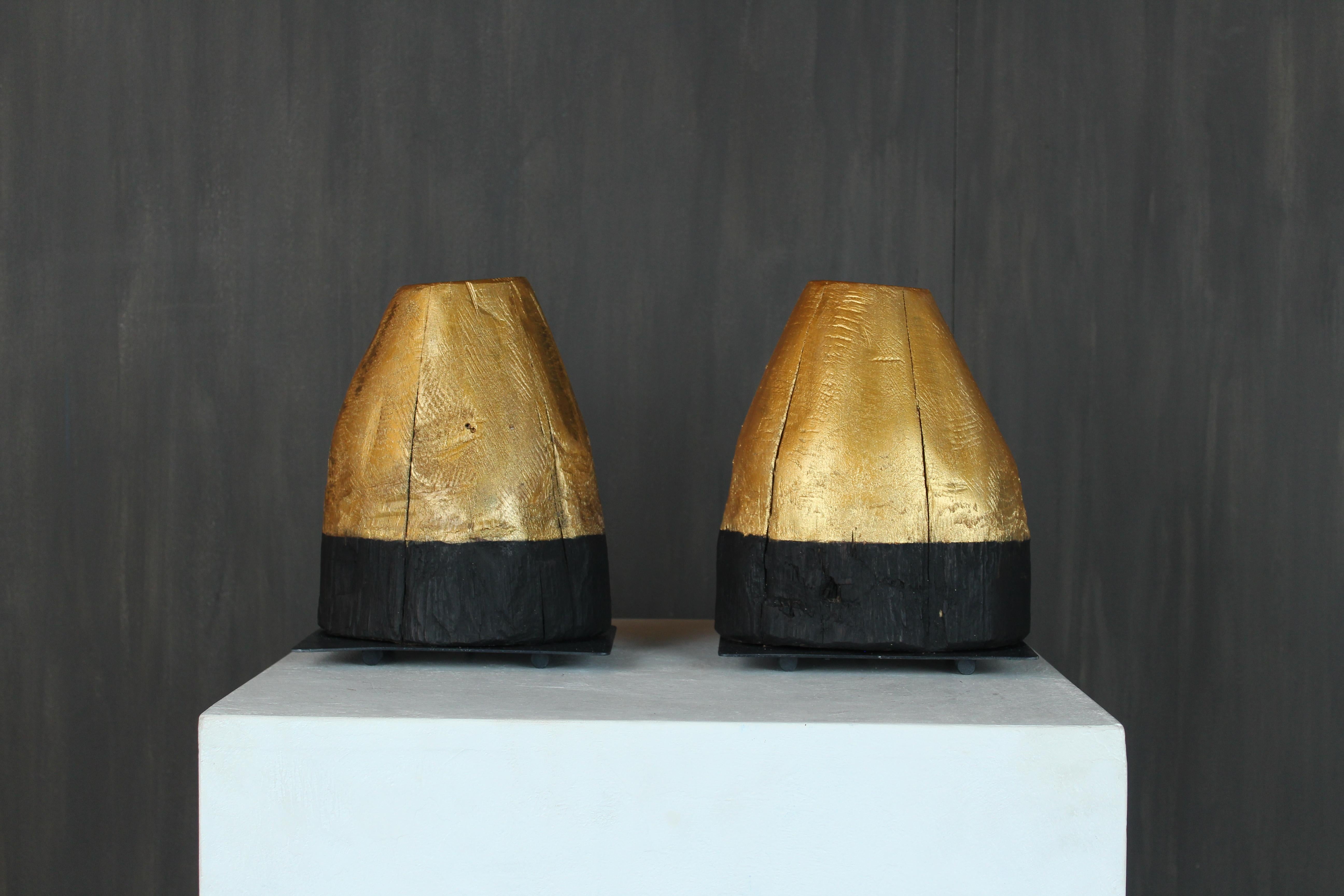 Organic Modern Davide Moretto Pair of Venetian Oak Lamps from Venice Lagoon “Bricola”, Italy For Sale