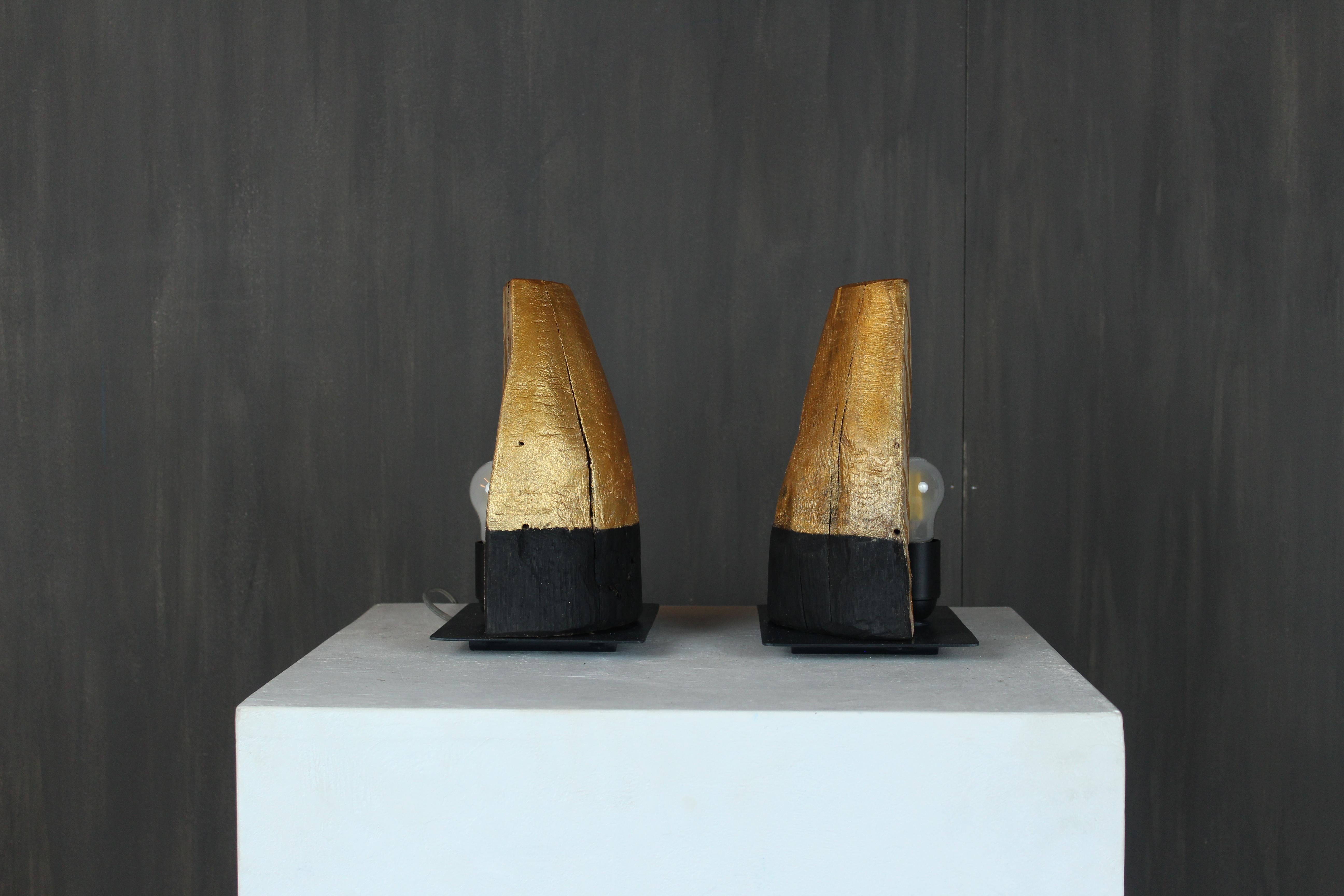 Contemporary Davide Moretto Pair of Venetian Oak Lamps from Venice Lagoon “Bricola”, Italy For Sale