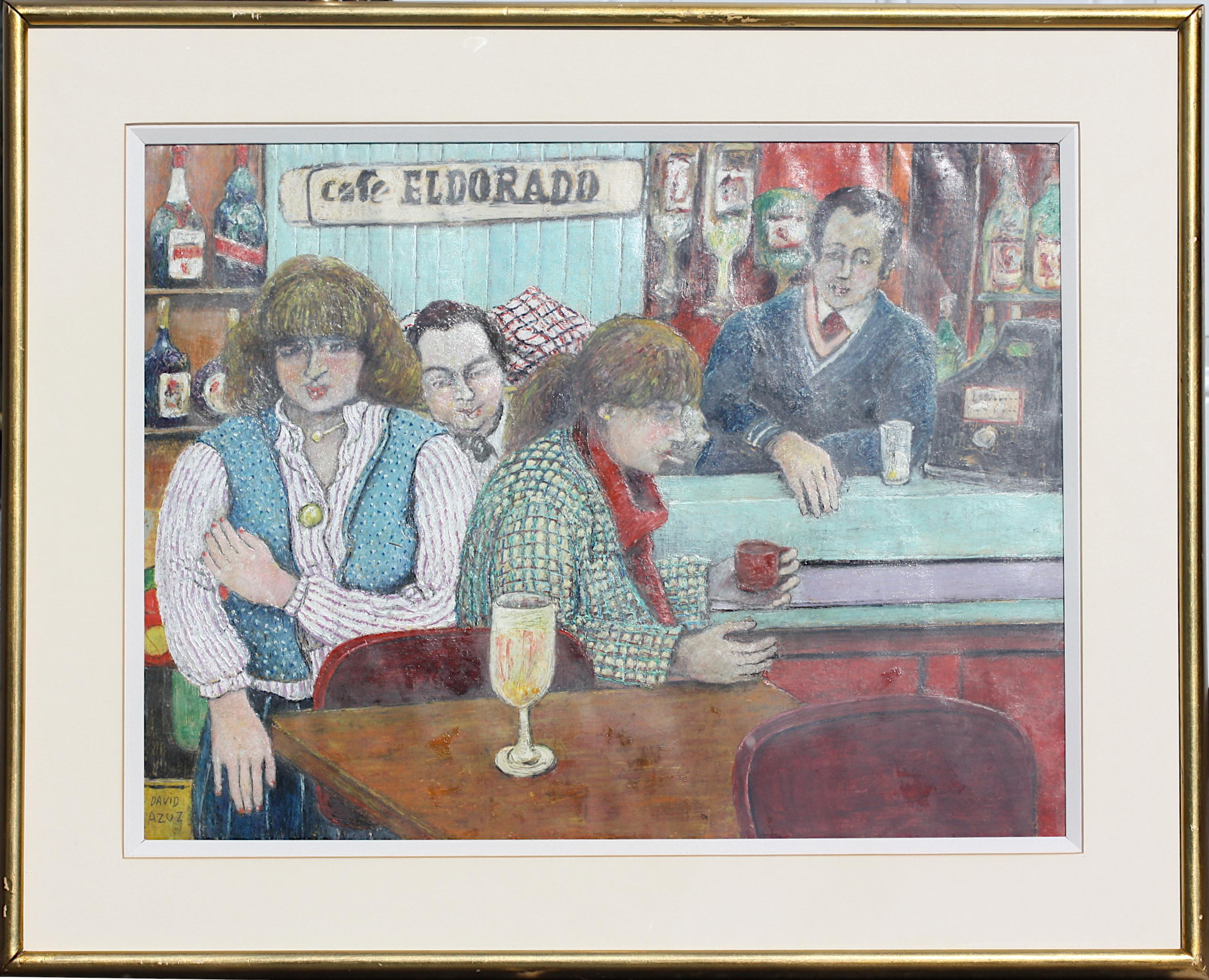 
Davidf Azuz, (Franzose/ Israeli, 1942-2014)
Cafe Eldorado
signiert unten links und mit Azuz-Rundsiegel, Öl auf Papier
19 x 24,5 Zoll, insgesamt 27 x 33 Zoll.