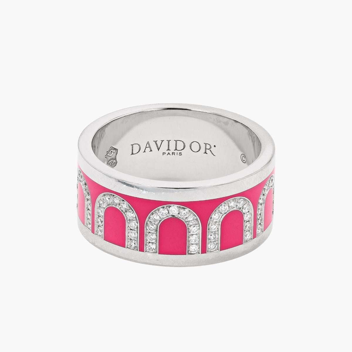 Contemporary Davidor White Gold, Diamond, and Pink lacquer L'arc de Davidor Ring For Sale