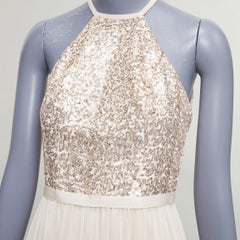 DAVID'S BRIDAL champagne sequin bodice halter ruched goddess dress US0 XS