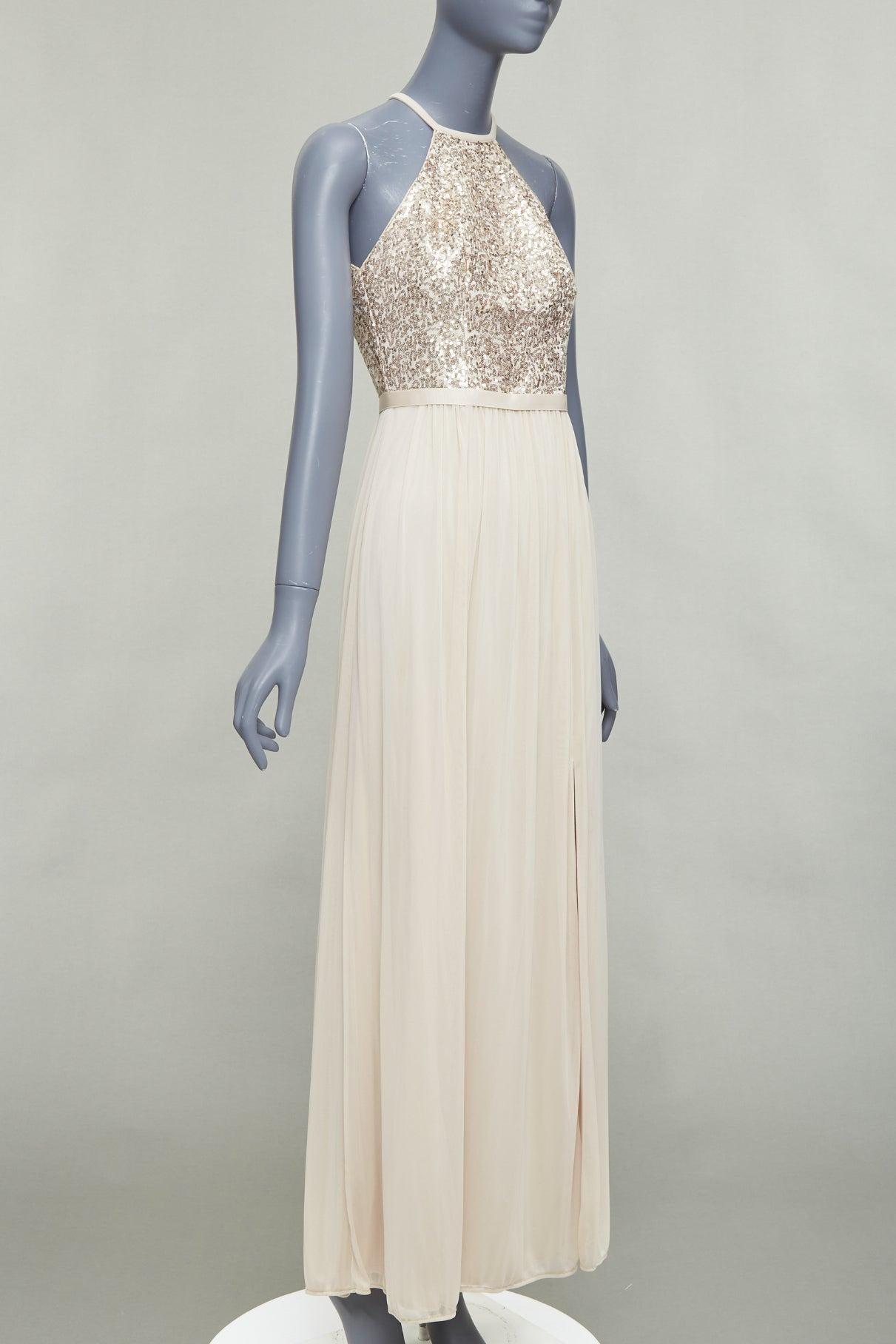 DAVID'S BRIDAL champagnerfarbenes Pailletten-Bodice-Halterkleid mit Rüschen als Göttin US0 XS (Beige) im Angebot