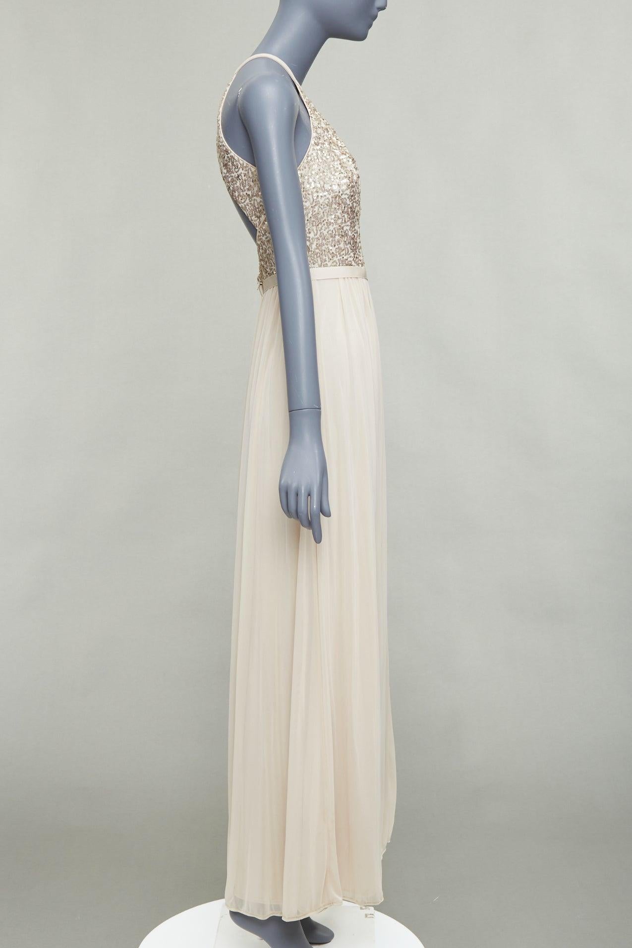 DAVID'S BRIDAL champagnerfarbenes Pailletten-Bodice-Halterkleid mit Rüschen als Göttin US0 XS im Zustand „Gut“ im Angebot in Hong Kong, NT