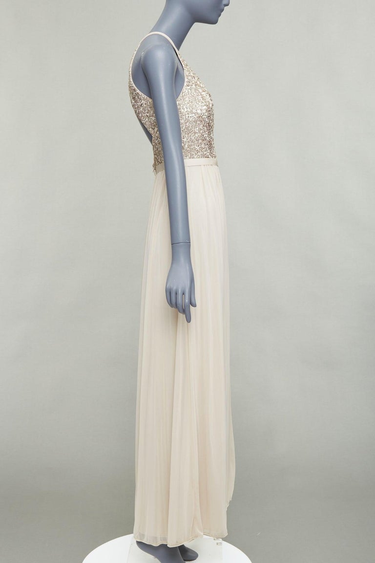DAVID'S BRIDAL champagne sequin bodice halter ruched goddess dress US0 XS  For Sale at 1stDibs