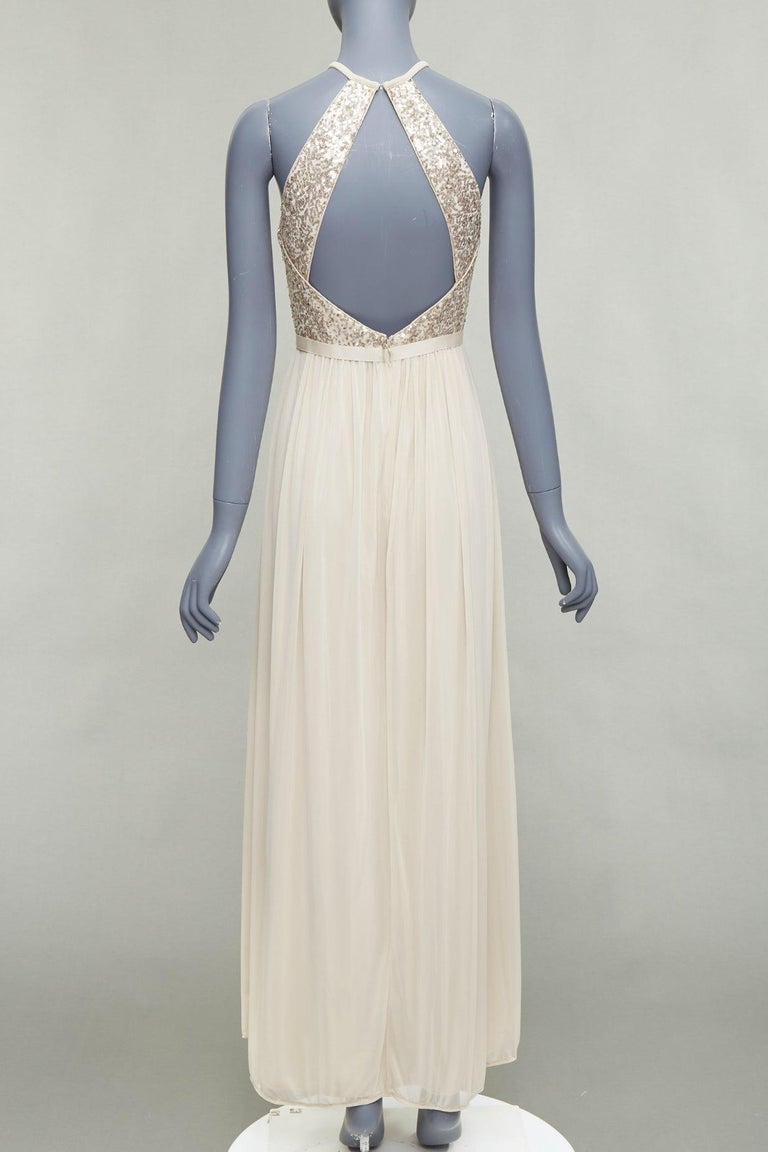 DAVID'S BRIDAL champagne sequin bodice halter ruched goddess dress US0 XS  For Sale at 1stDibs