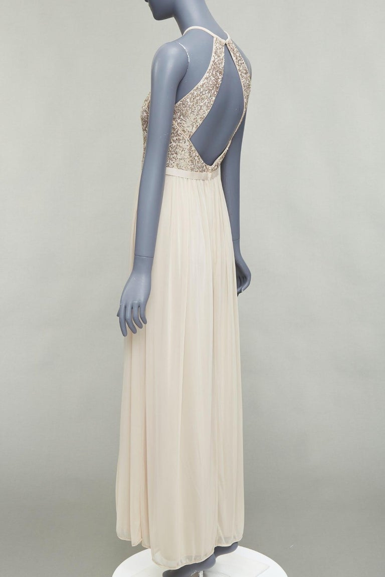 DAVID'S BRIDAL champagne sequin bodice halter ruched goddess dress US0 XS  For Sale at 1stDibs