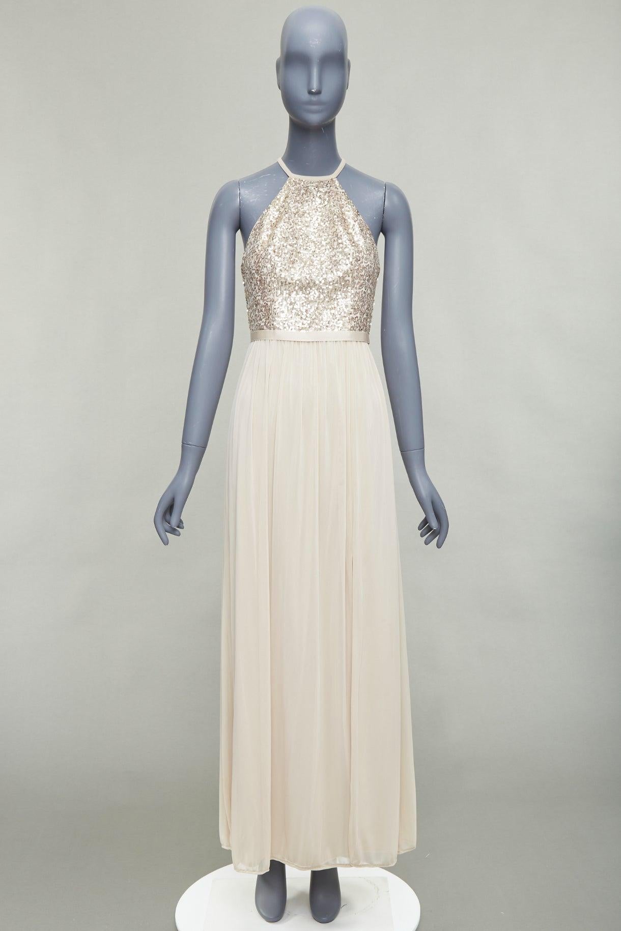 DAVID'S BRIDAL champagnerfarbenes Pailletten-Bodice-Halterkleid mit Rüschen als Göttin US0 XS im Angebot 4