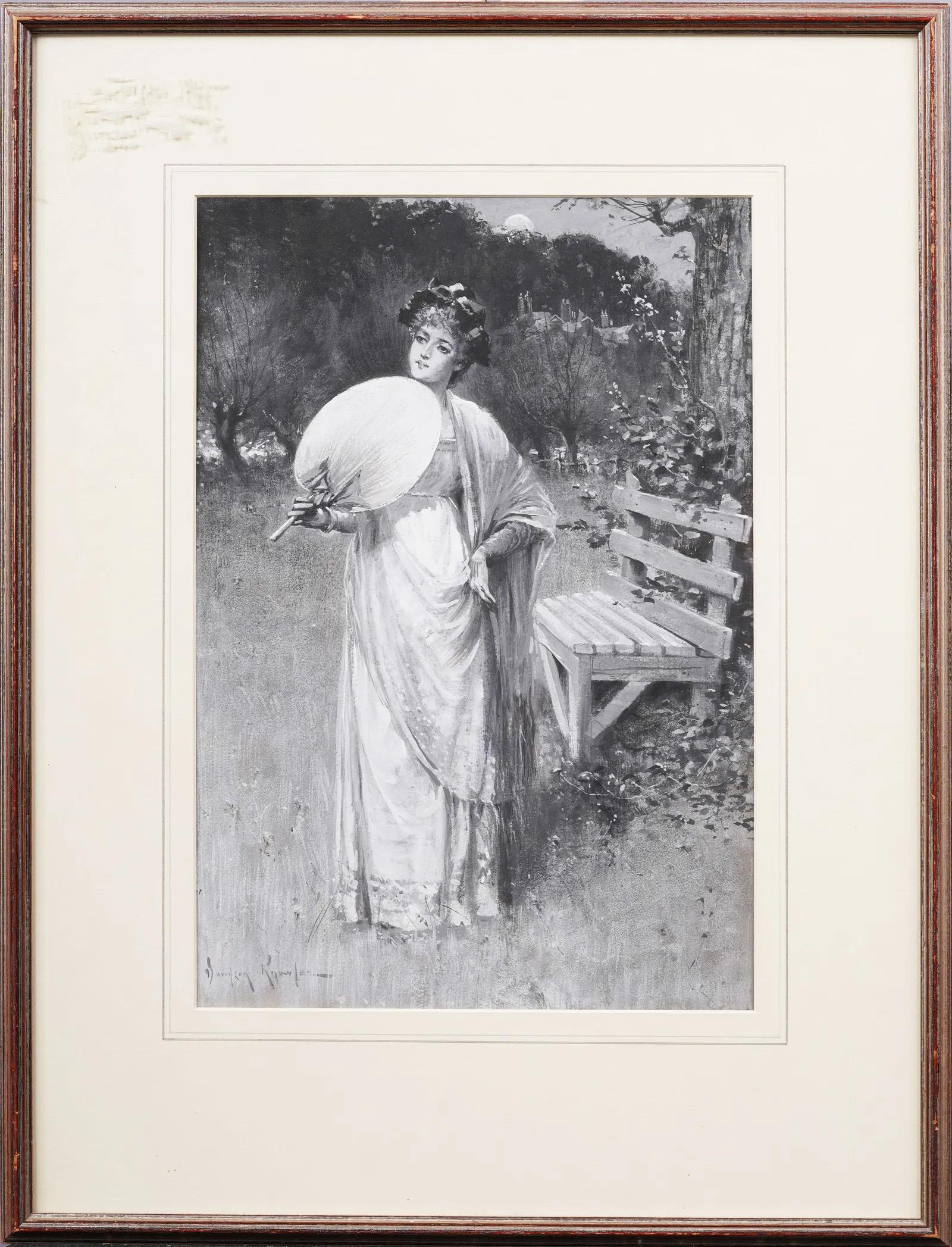 Antique English Elegant Moonlit Young Woman Portrait Framed 19th C Rare Painting - Gray Portrait Painting by Davidson Knowles (fl.1879 - 1902)