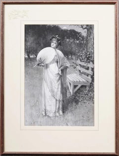 Antique English Elegant Moonlit Young Woman Portrait Framed 19th C Rare Painting