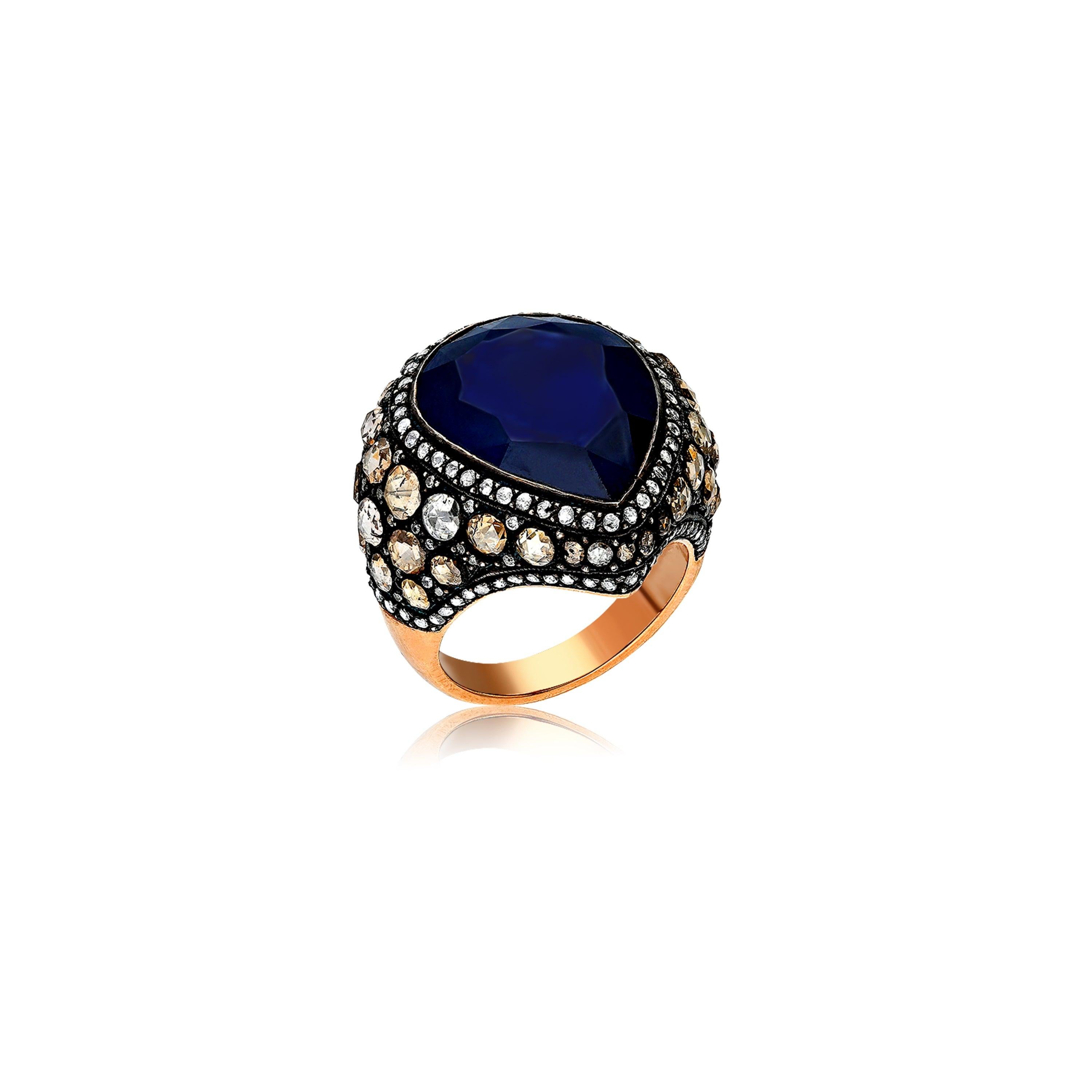 For Sale:  8K Gold and Silver Cocktail Ring with a Sapphire and White Rose Cut Diamonds 2