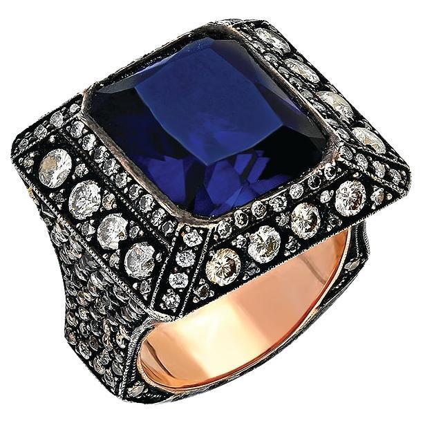 Gold and Silver Cocktail Ring with Man Made Sapphire and Diamonds For Sale