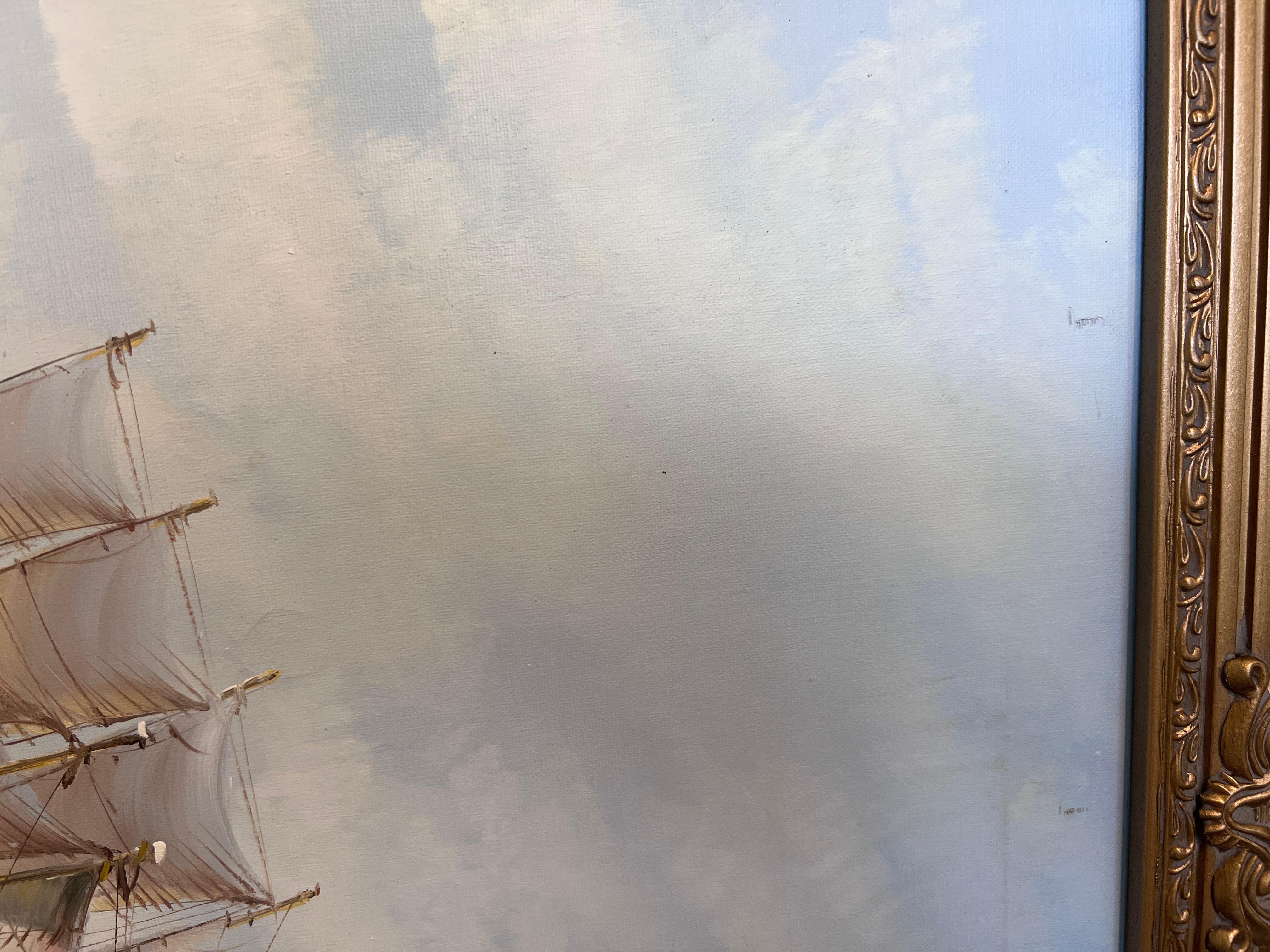 Original Ölgemälde auf Leinwand Seestück, Segelschiff, signiert Davis, Goldrahmen im Angebot 9
