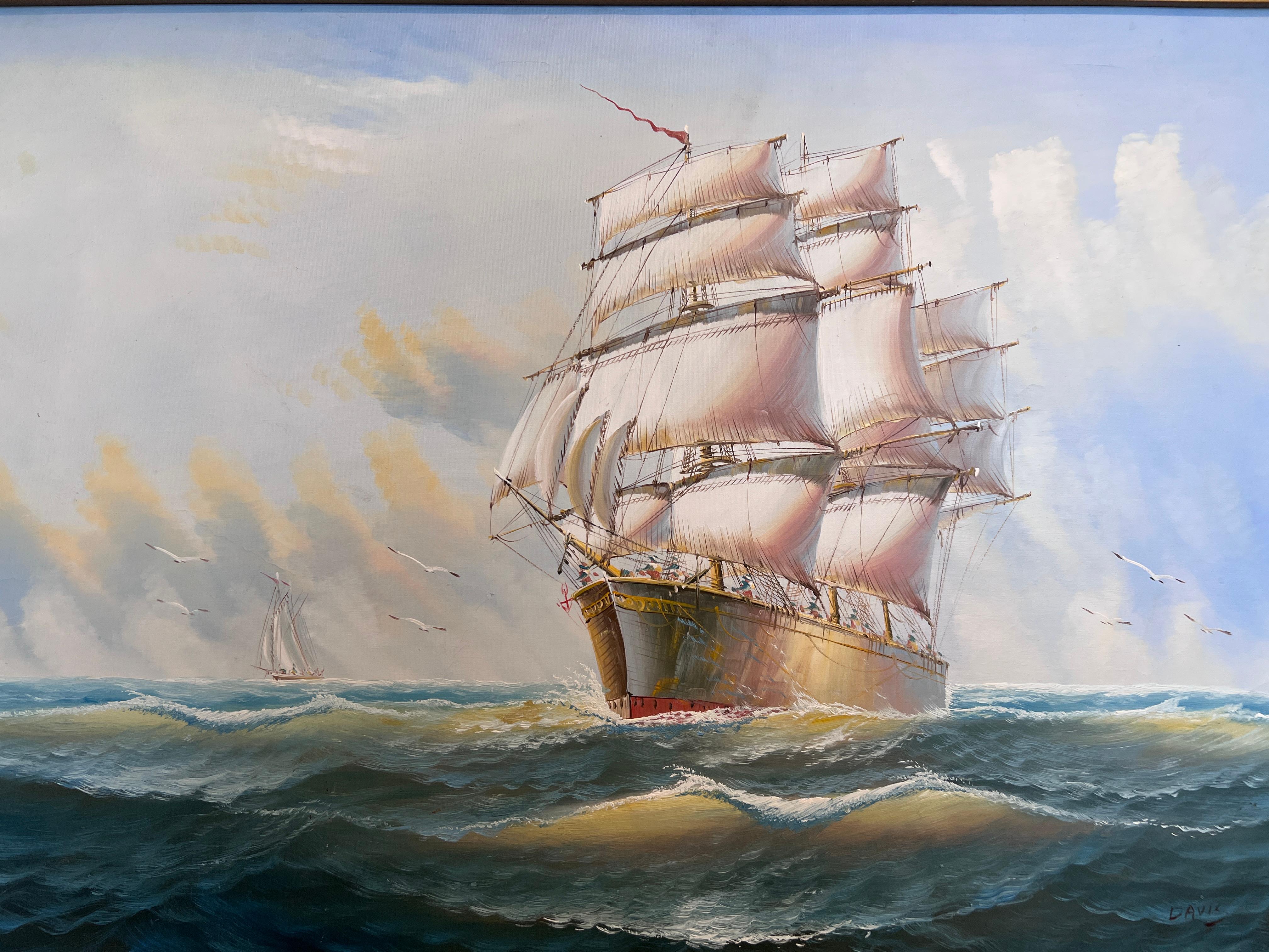 Original Ölgemälde auf Leinwand Seestück, Segelschiff, signiert Davis, Goldrahmen im Angebot 2