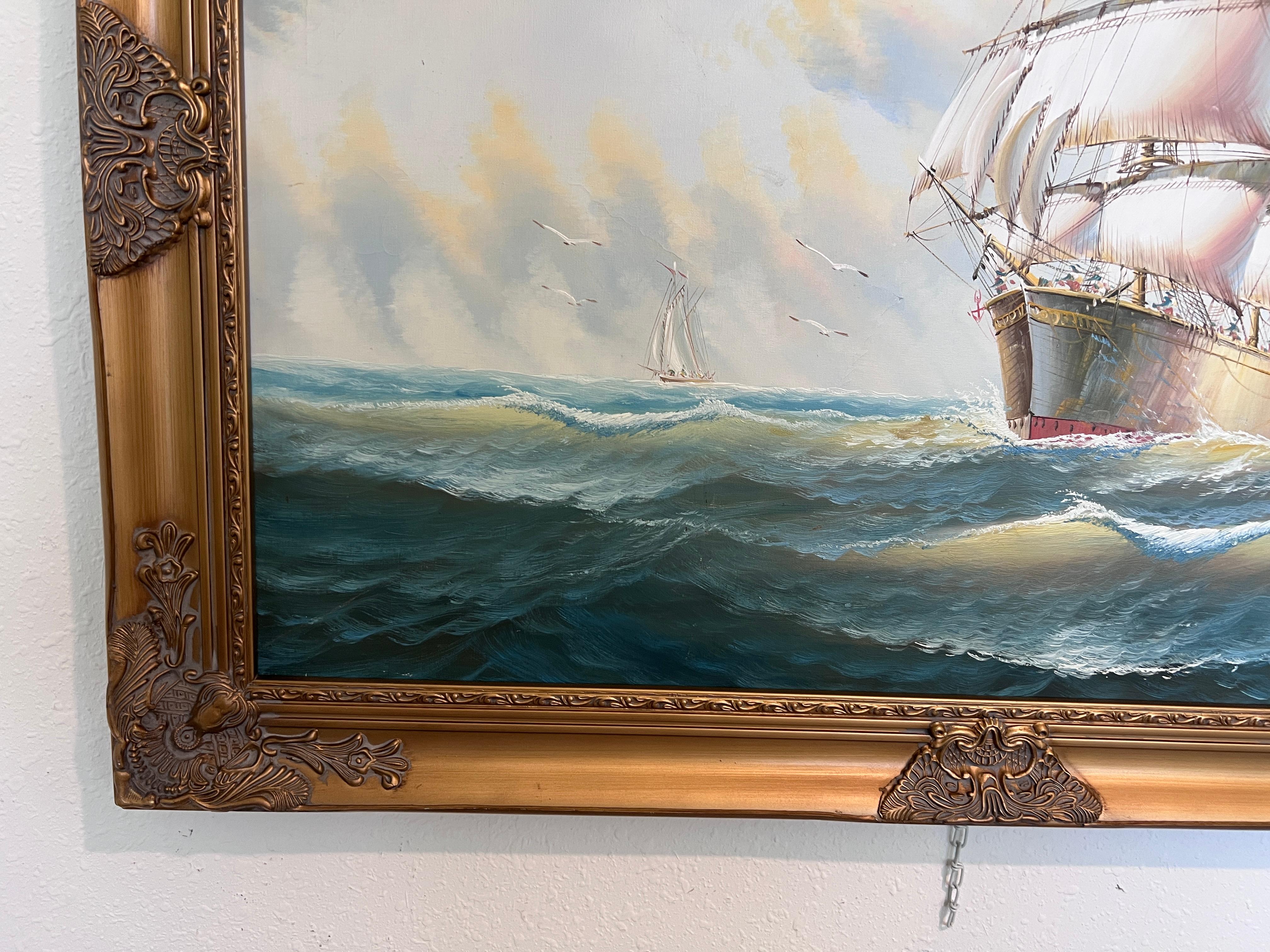 Original Ölgemälde auf Leinwand Seestück, Segelschiff, signiert Davis, Goldrahmen im Angebot 3