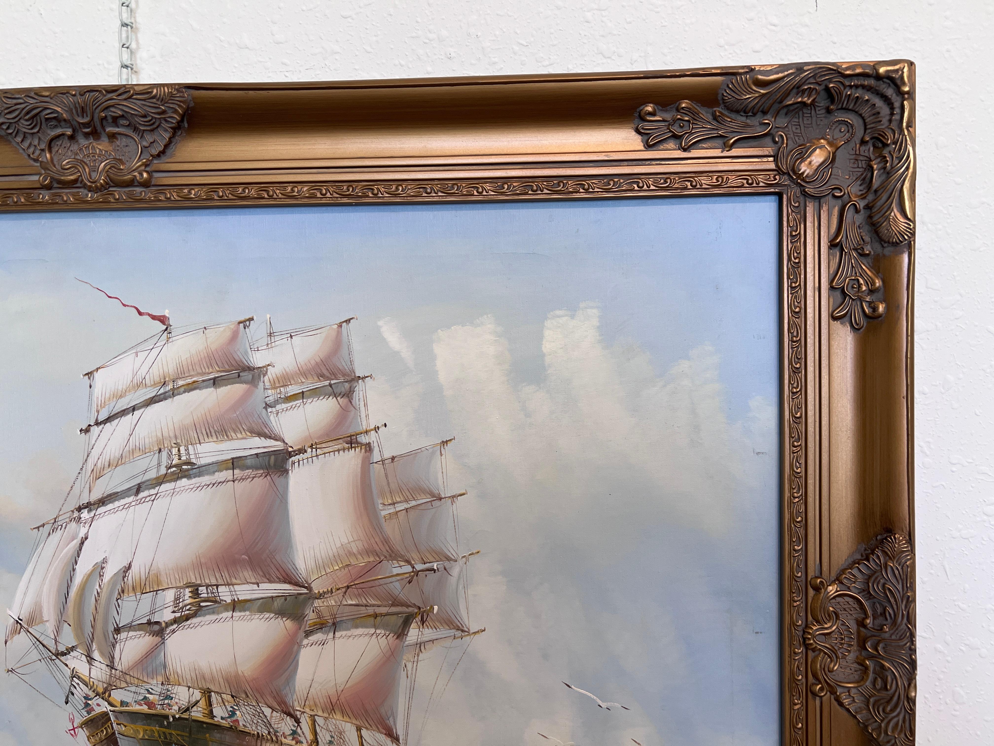 Original Ölgemälde auf Leinwand Seestück, Segelschiff, signiert Davis, Goldrahmen im Angebot 5