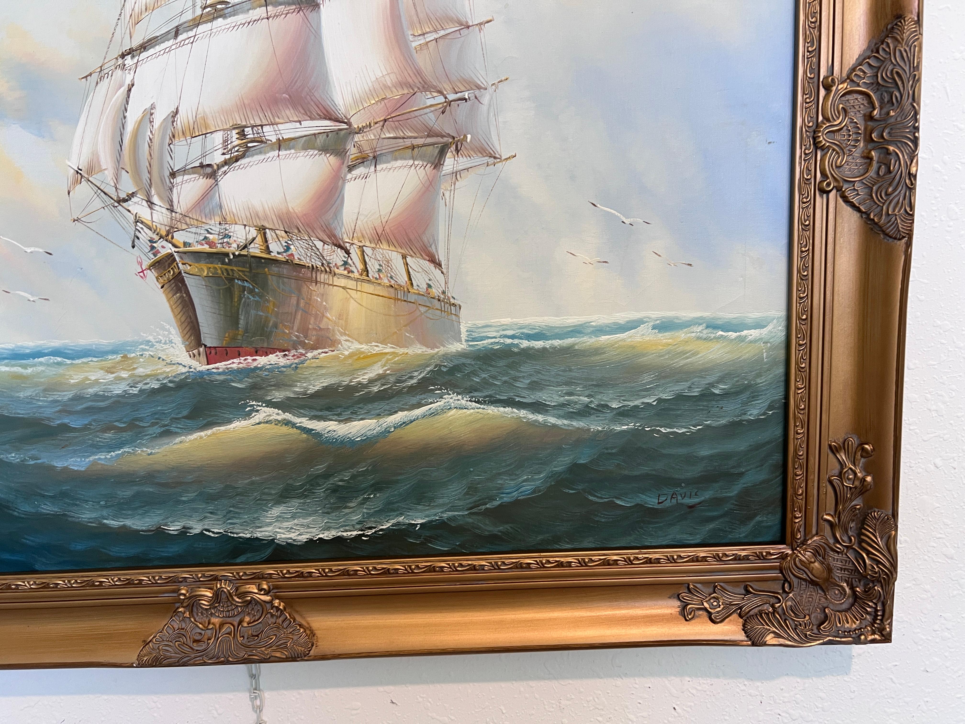 Original Ölgemälde auf Leinwand Seestück, Segelschiff, signiert Davis, Goldrahmen im Angebot 6